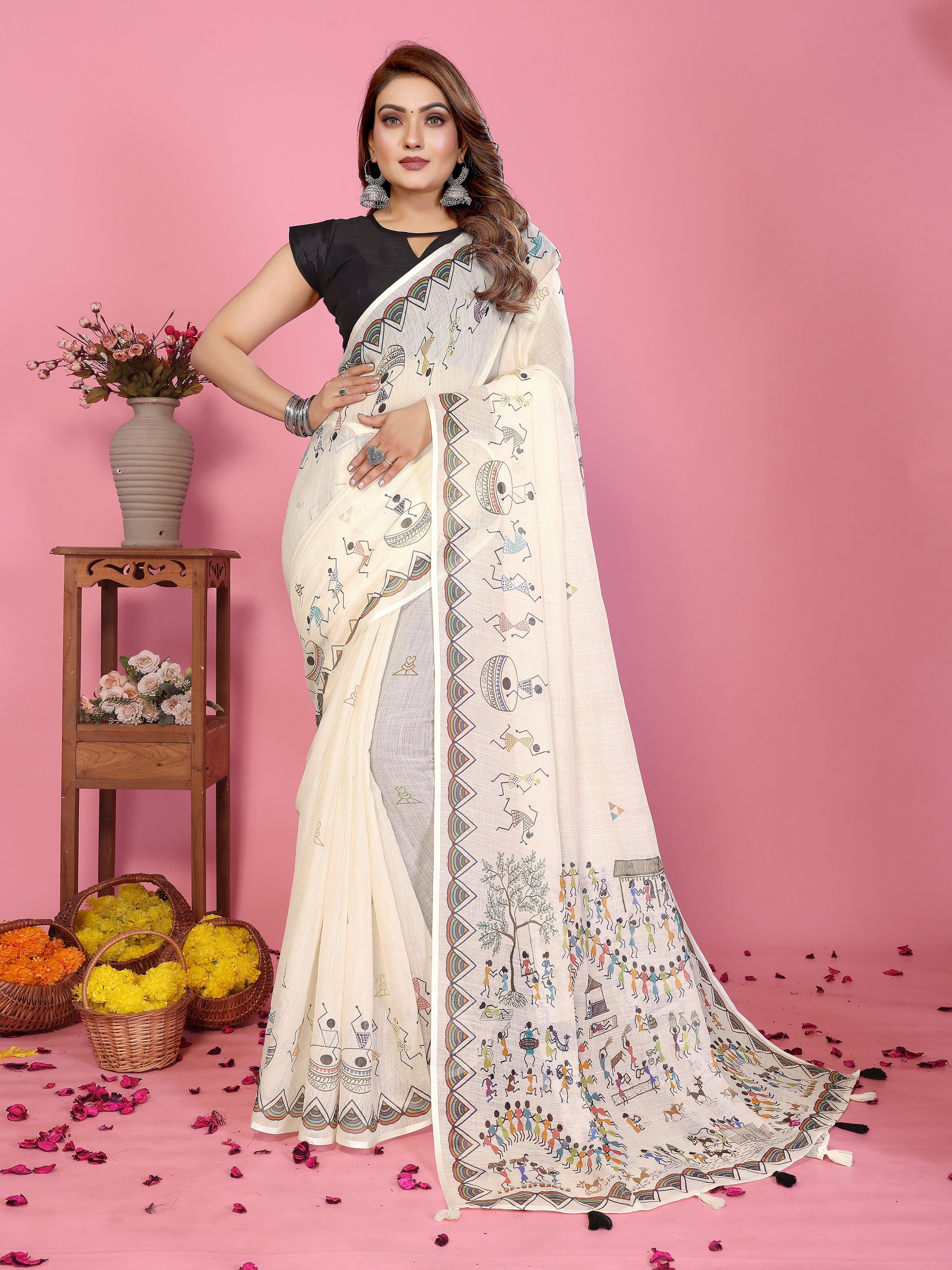 Women Premium Soft Linen Warli Printed Saree