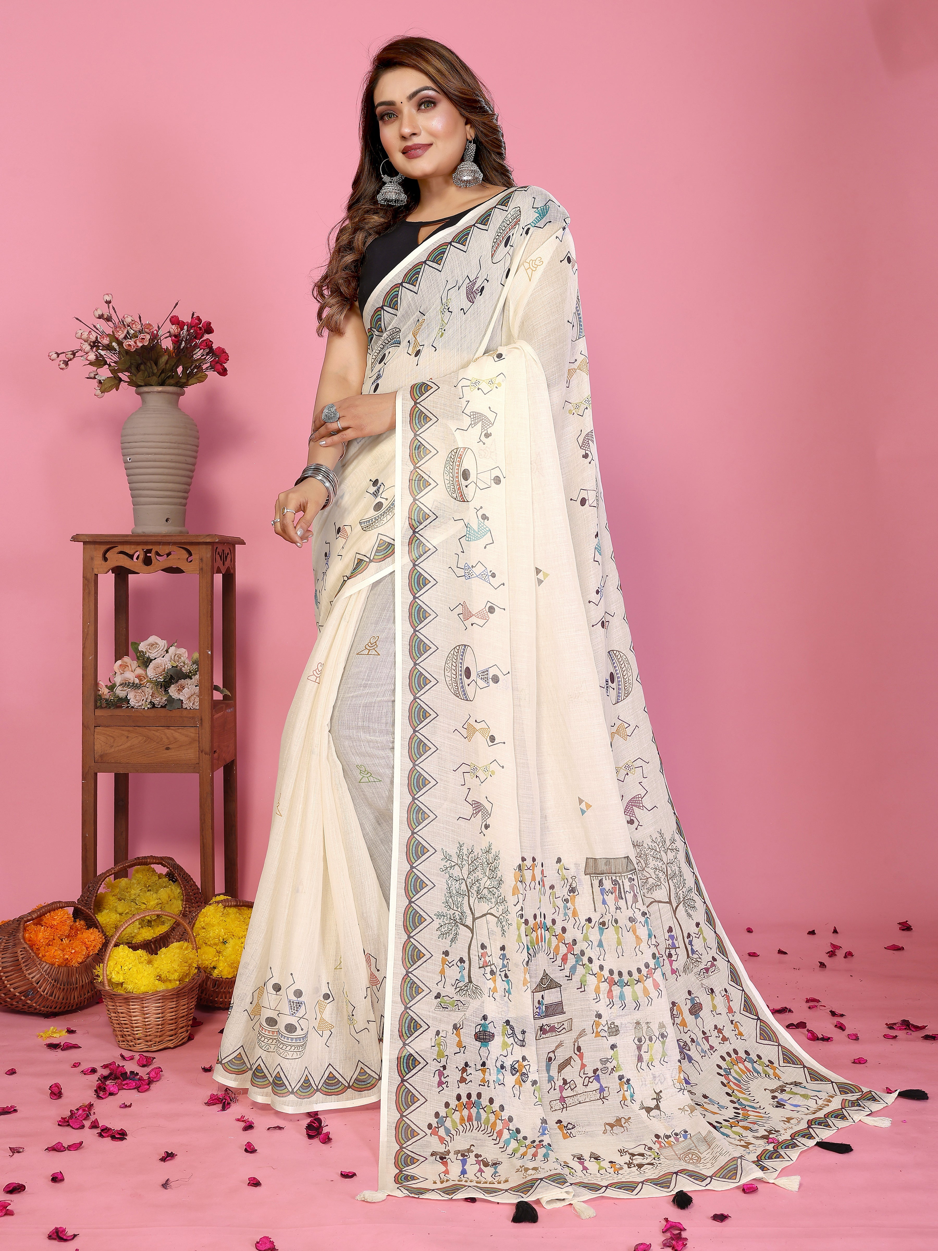 Women Premium Soft Linen Warli Printed Saree