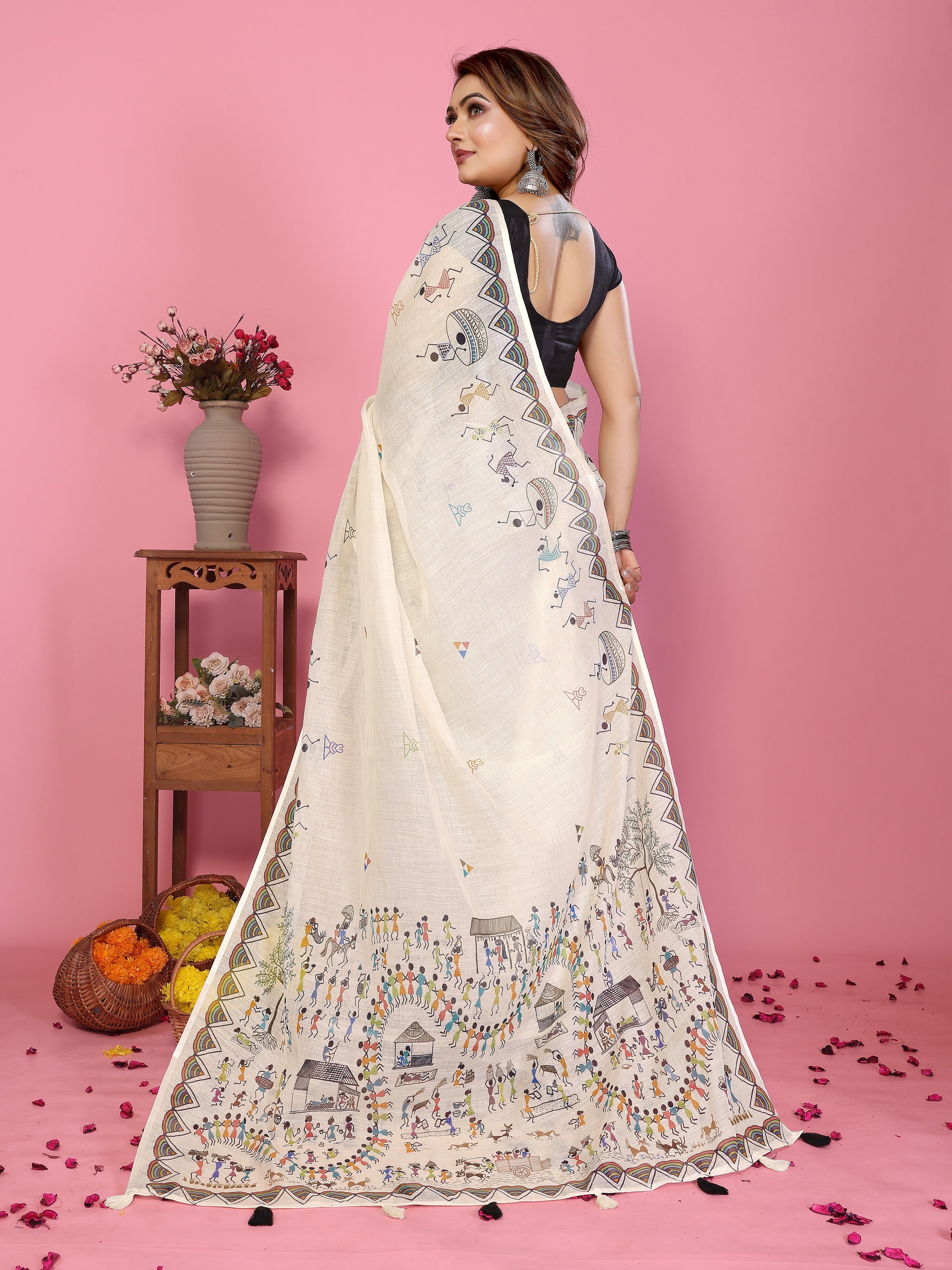Women Premium Soft Linen Warli Printed Saree