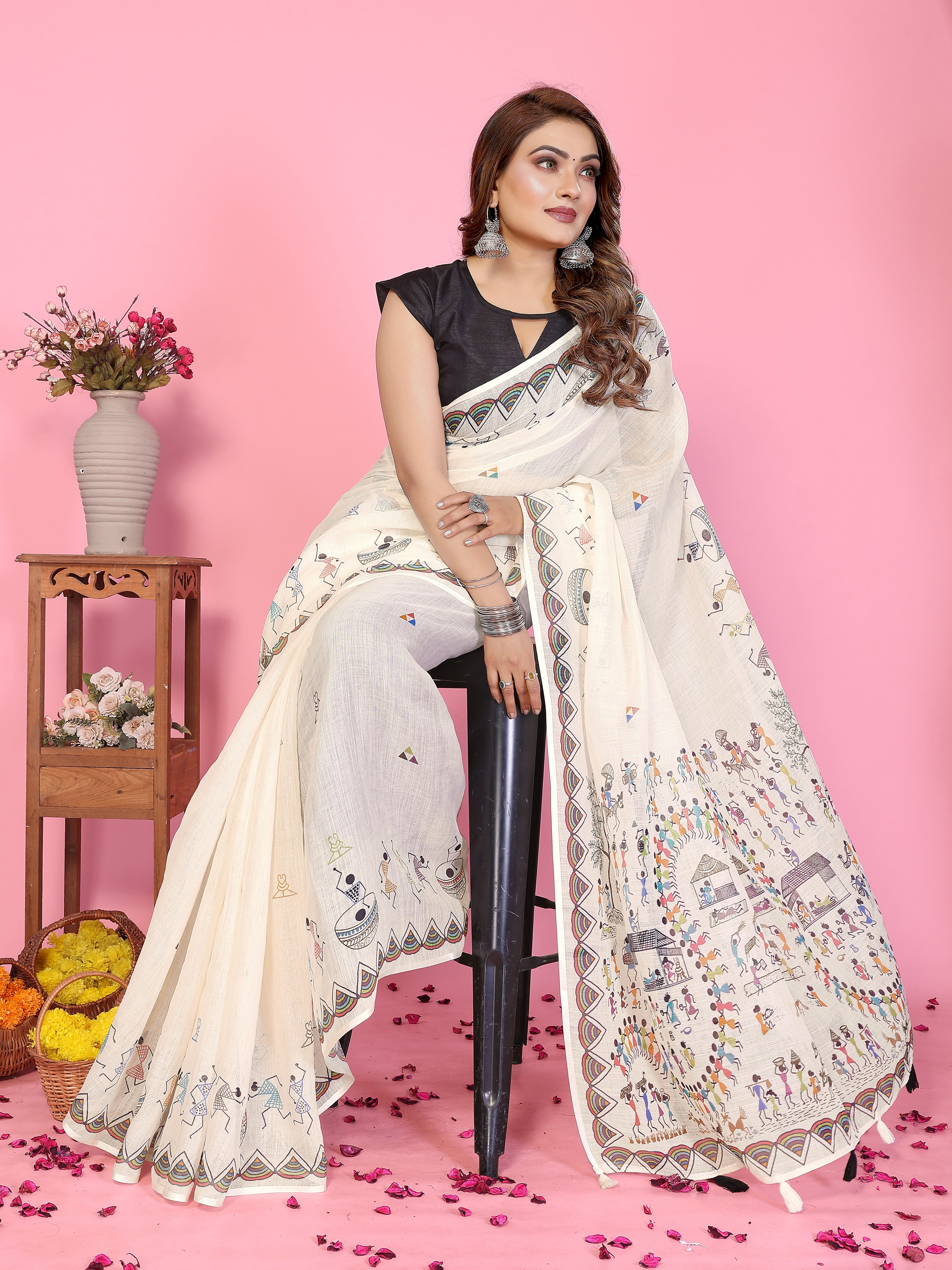 Women Premium Soft Linen Warli Printed Saree