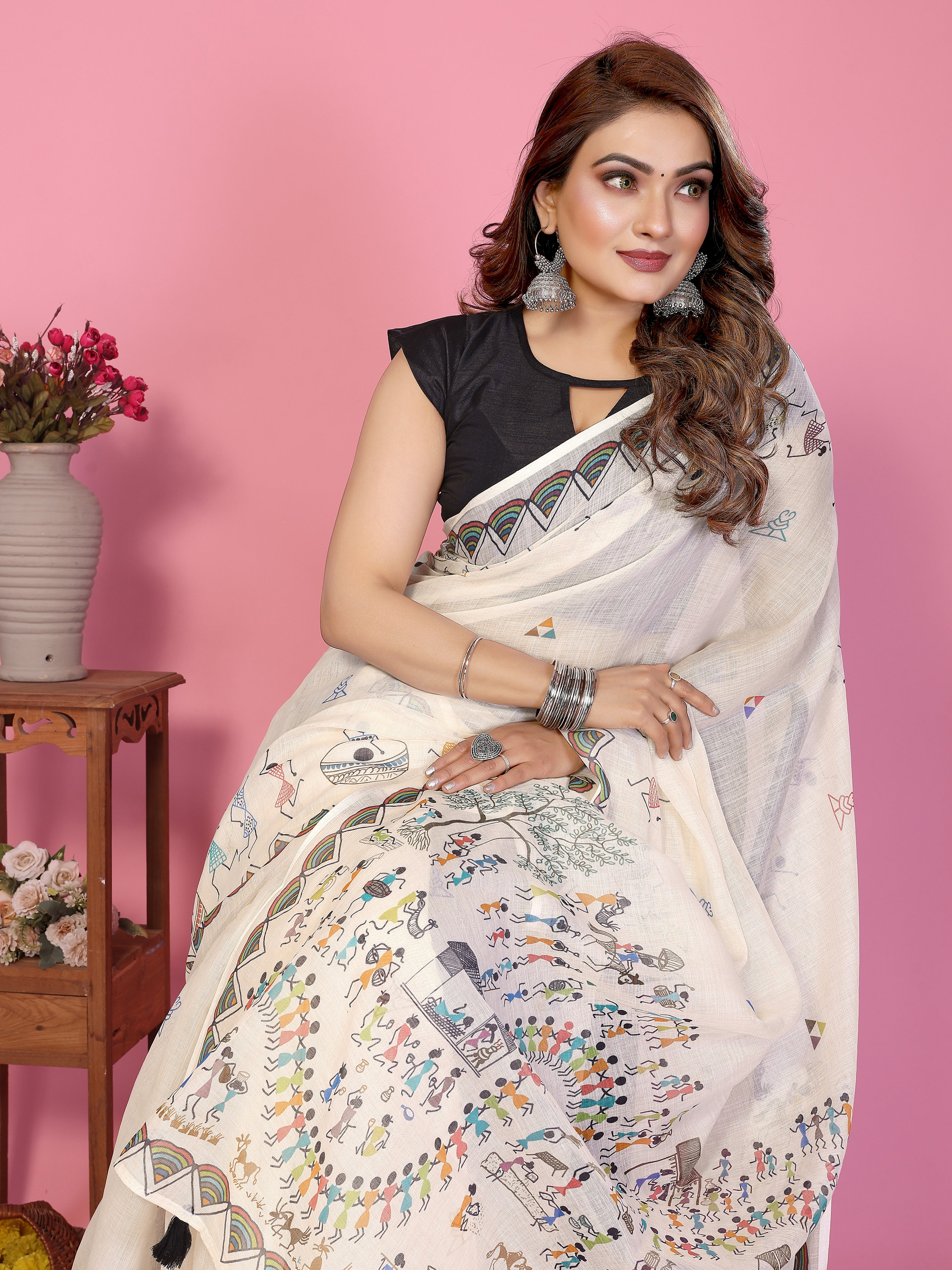 Women Premium Soft Linen Warli Printed Saree