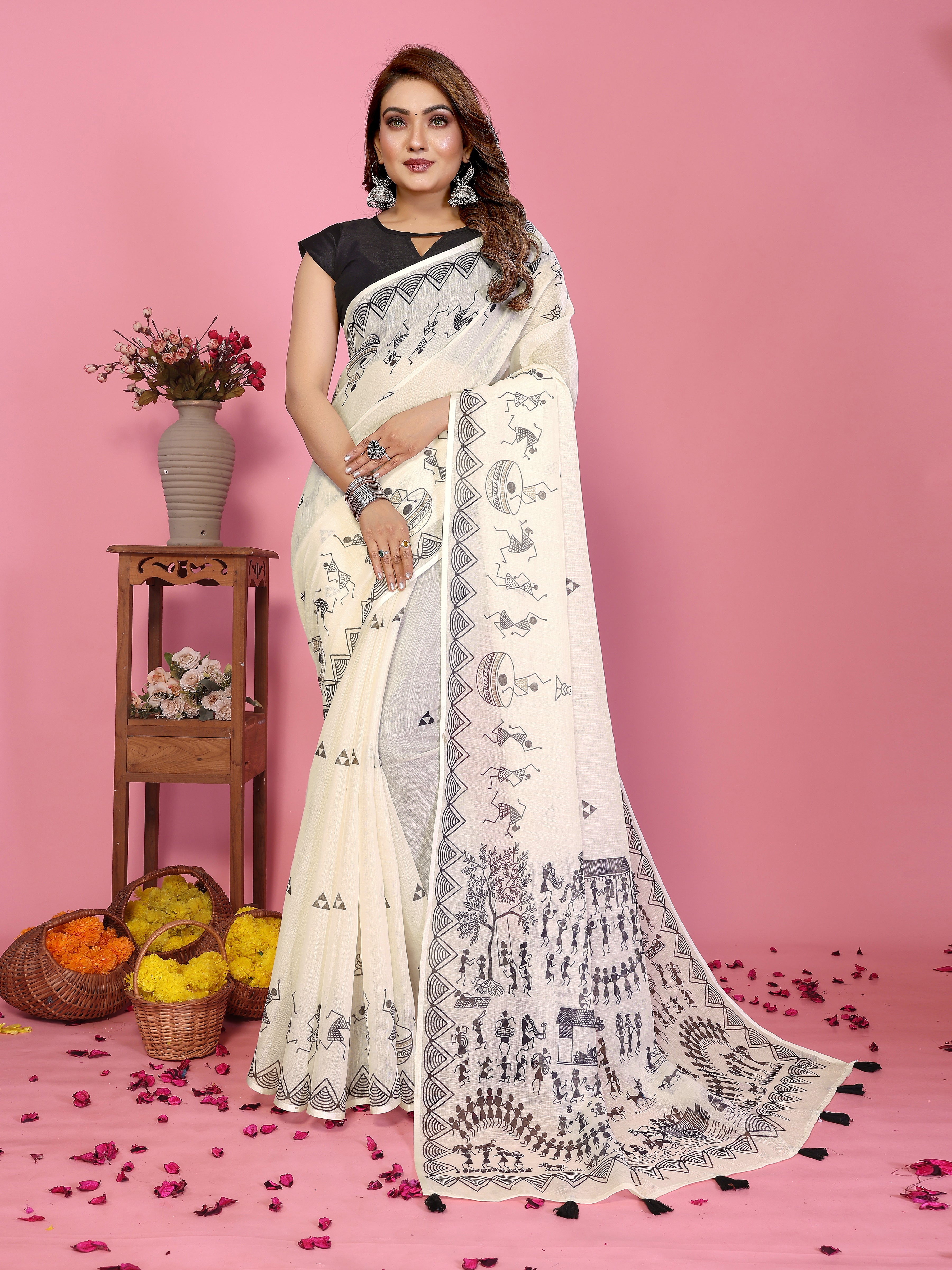 Women Premium Soft Linen Warli Printed Saree