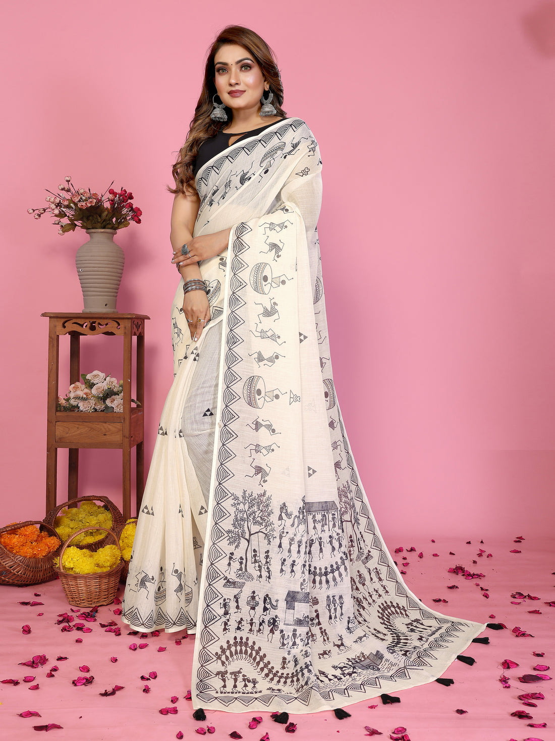 Women Premium Soft Linen Warli Printed Saree