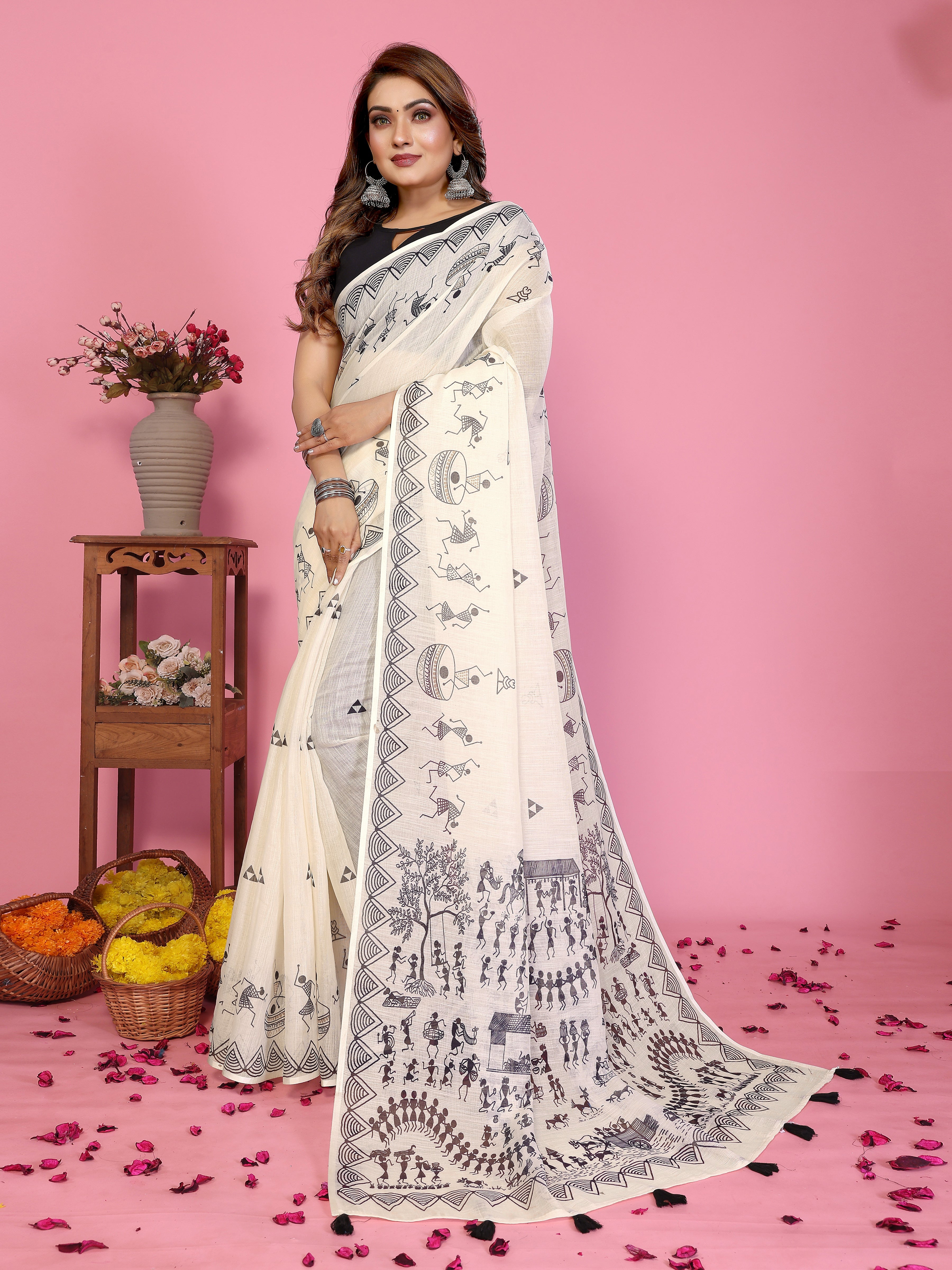 Women Premium Soft Linen Warli Printed Saree
