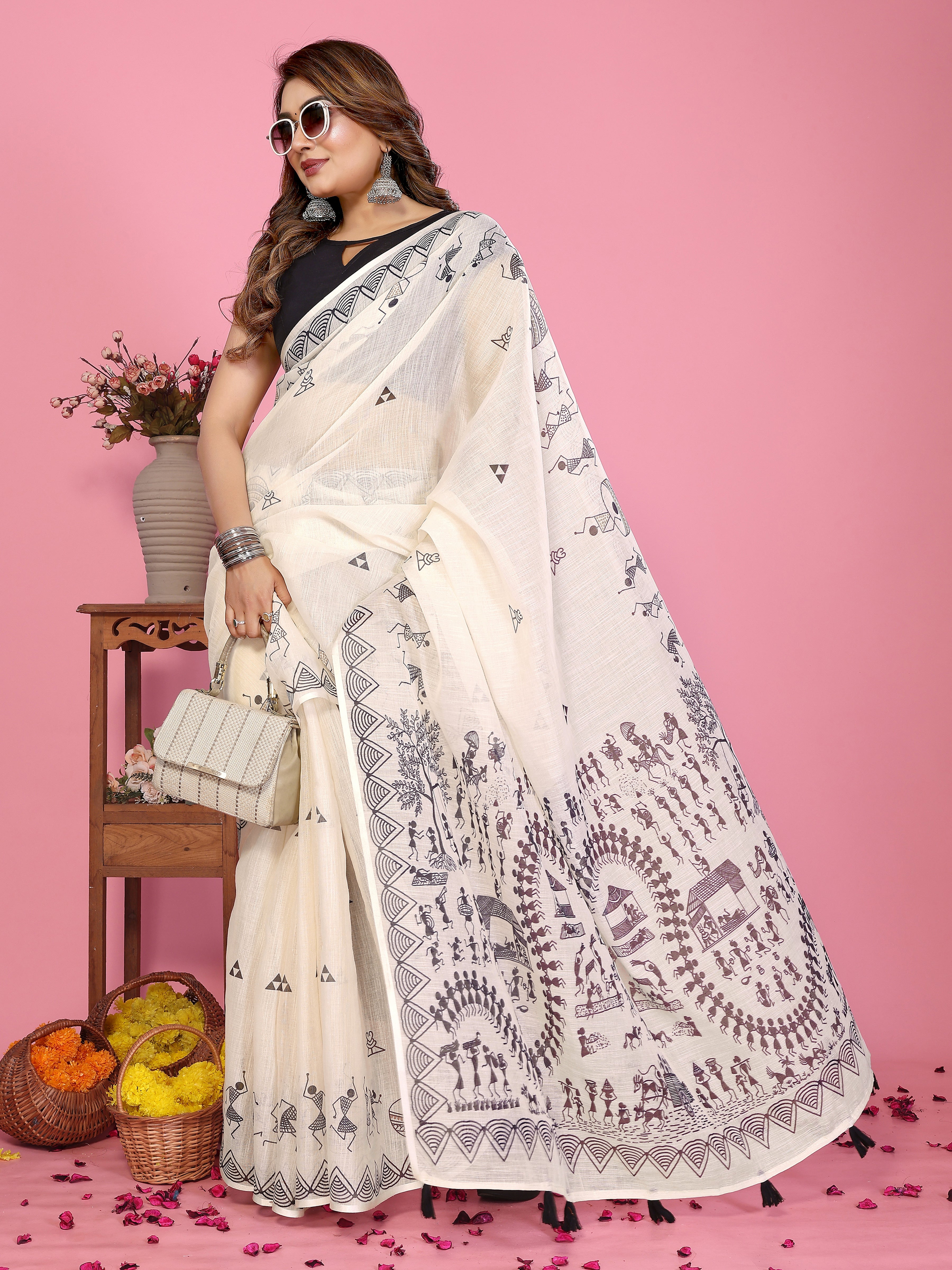 Women Premium Soft Linen Warli Printed Saree
