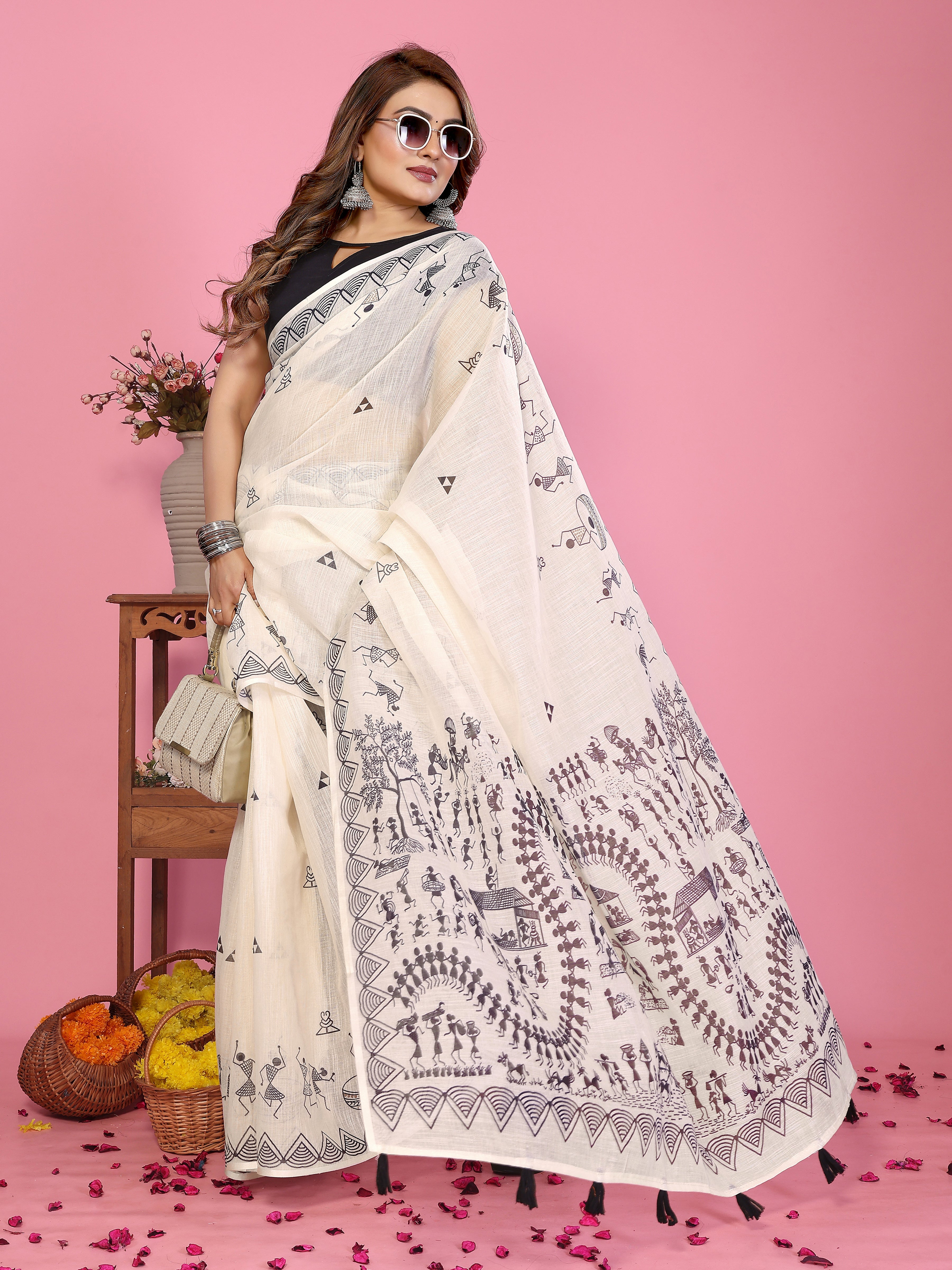 Women Premium Soft Linen Warli Printed Saree