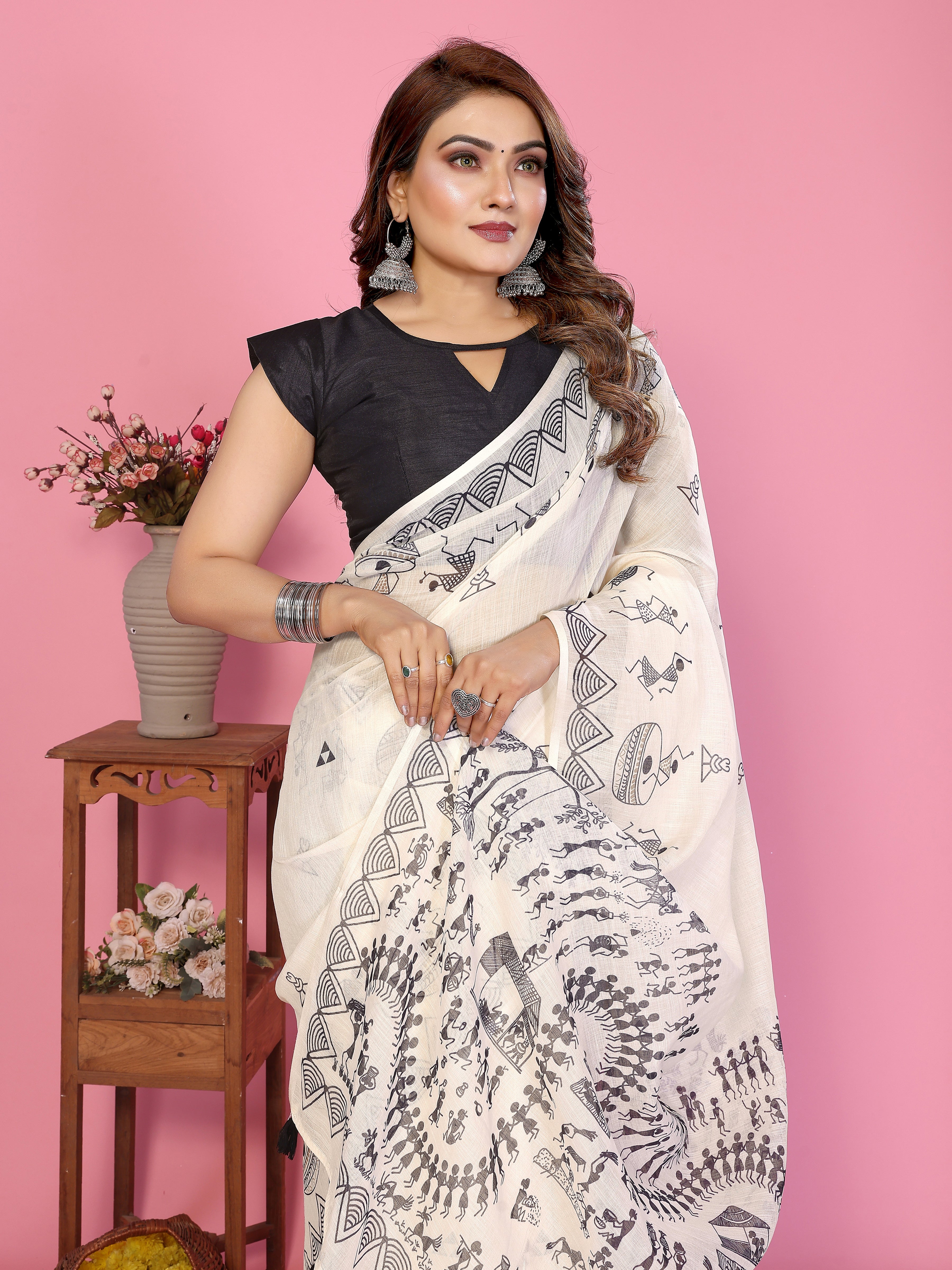 Women Premium Soft Linen Warli Printed Saree