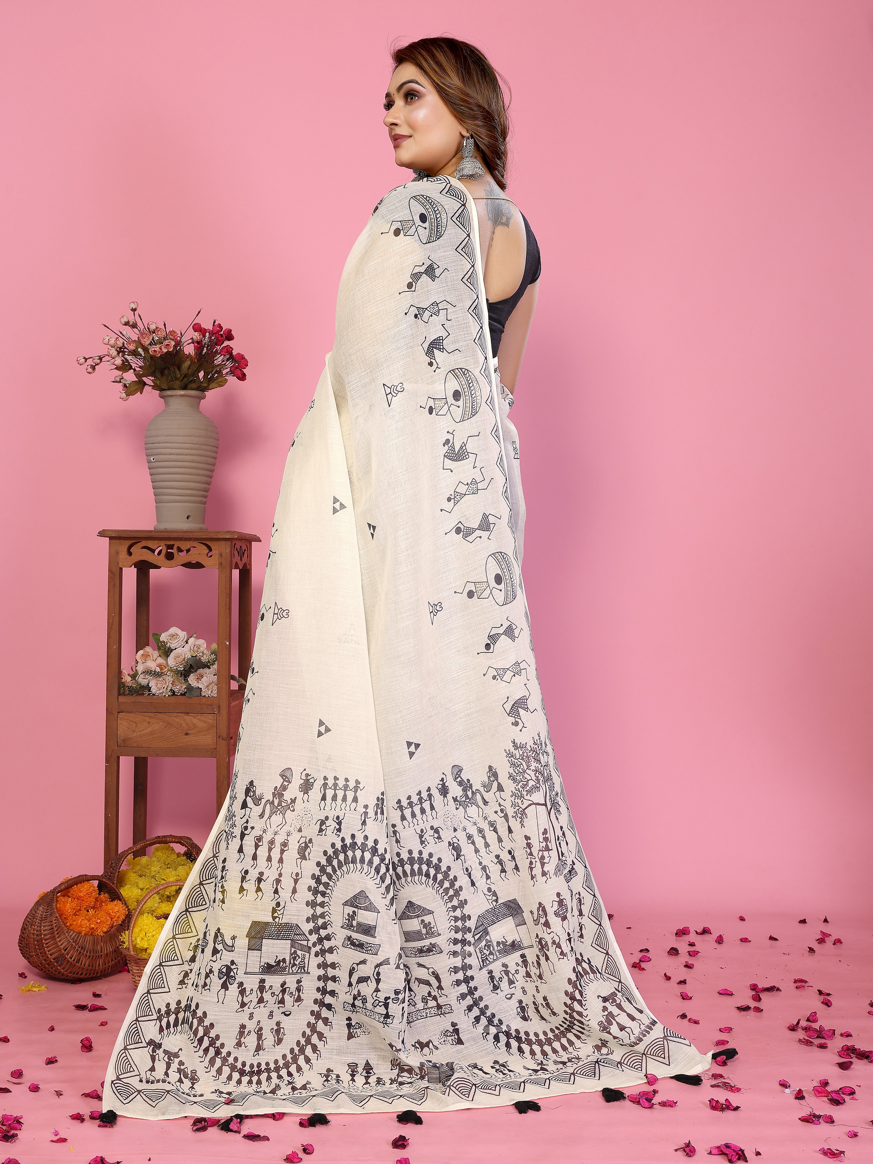 Women Premium Soft Linen Warli Printed Saree