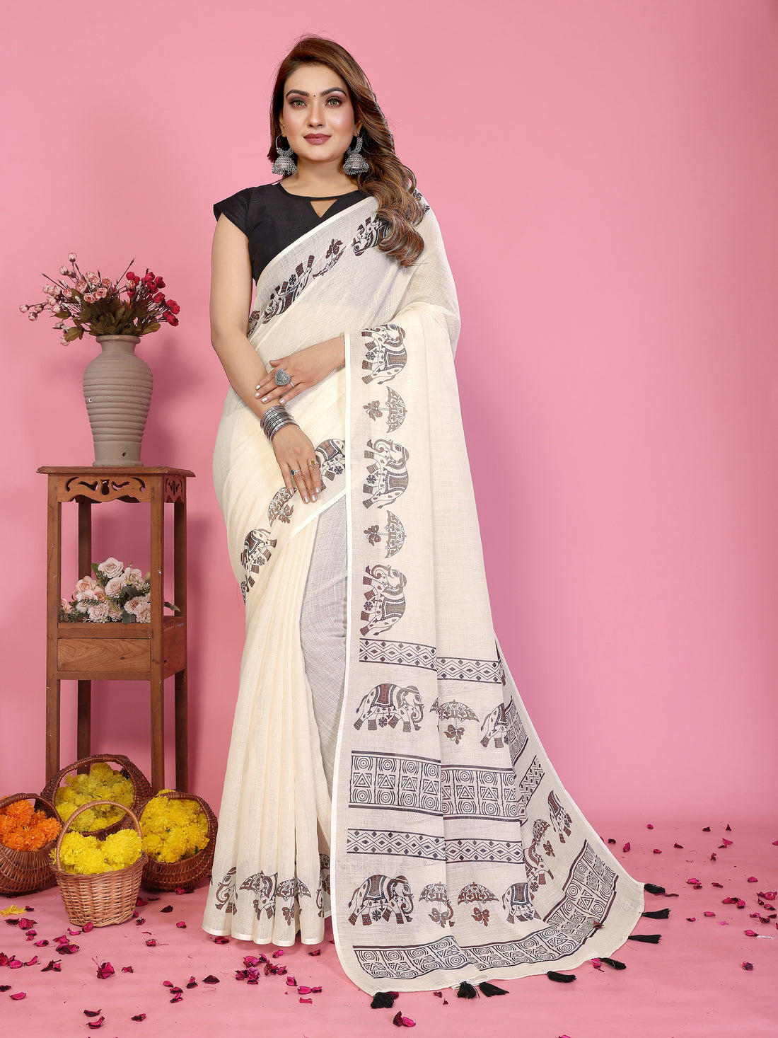Women Soft Linen Cotton Tribal Elephant Border Print Saree