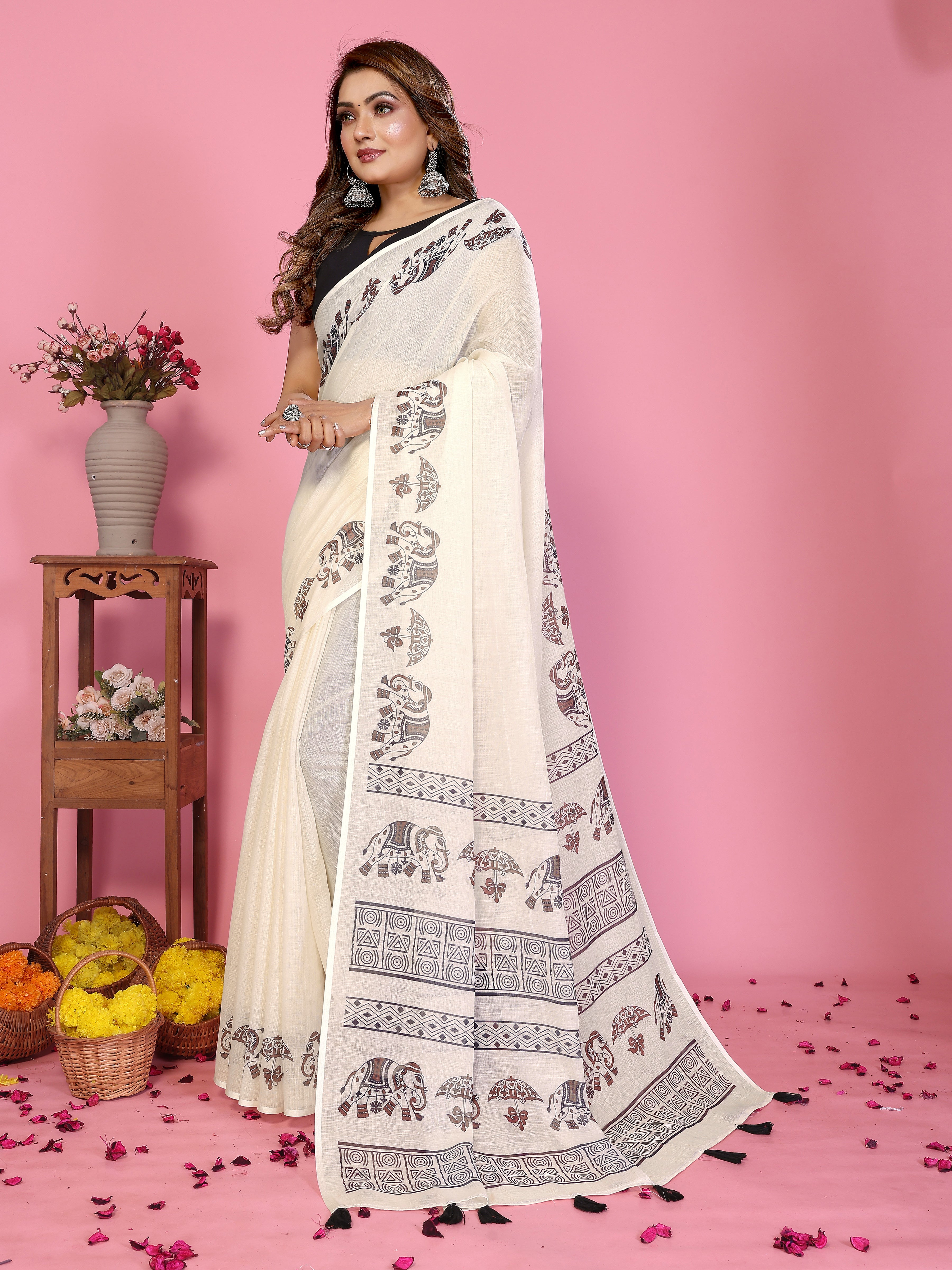 Women Soft Linen Cotton Tribal Elephant Border Print Saree