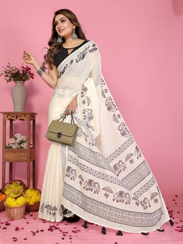 Women Soft Linen Cotton Tribal Elephant Border Print Saree