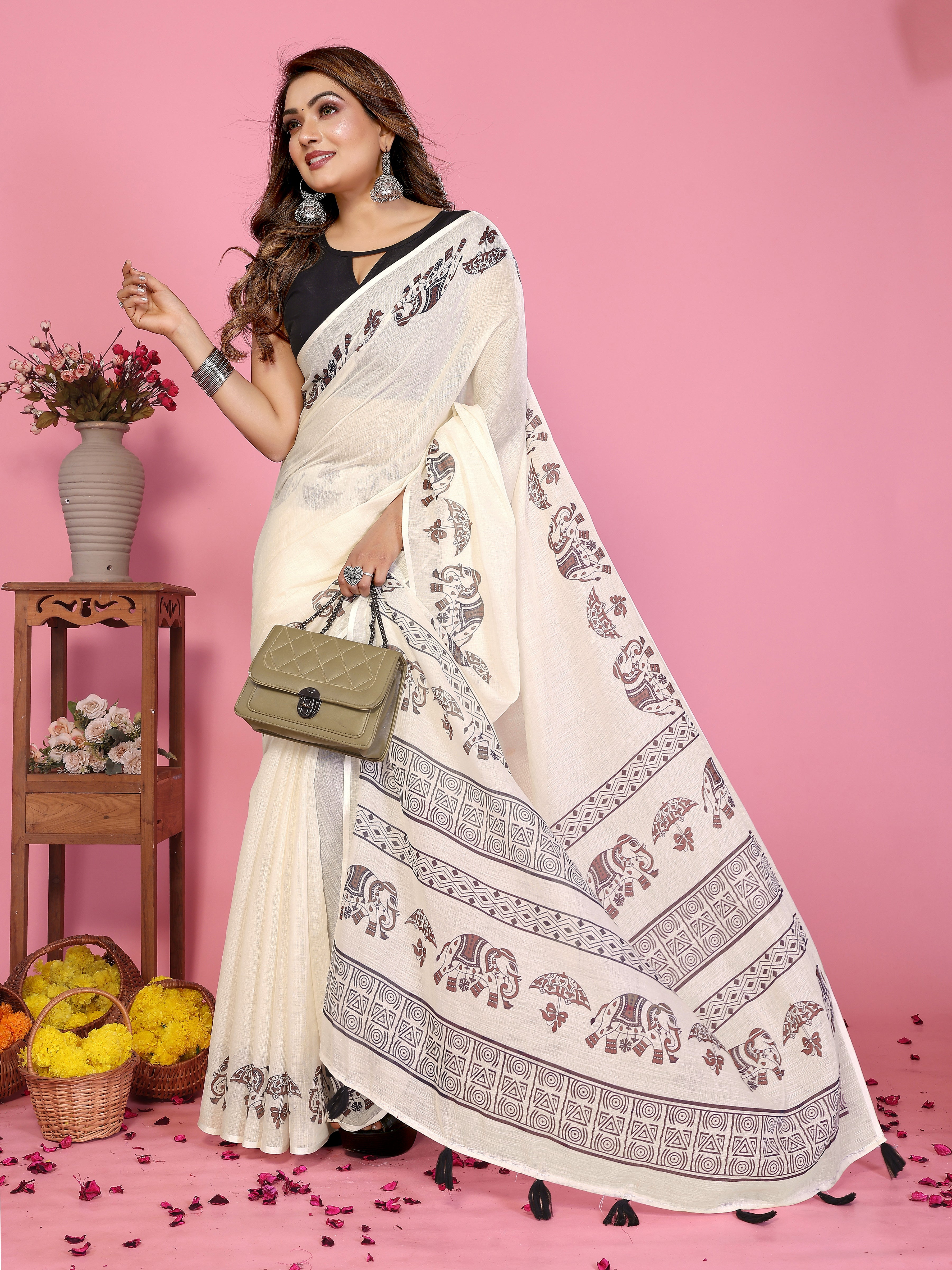 Women Soft Linen Cotton Tribal Elephant Border Print Saree