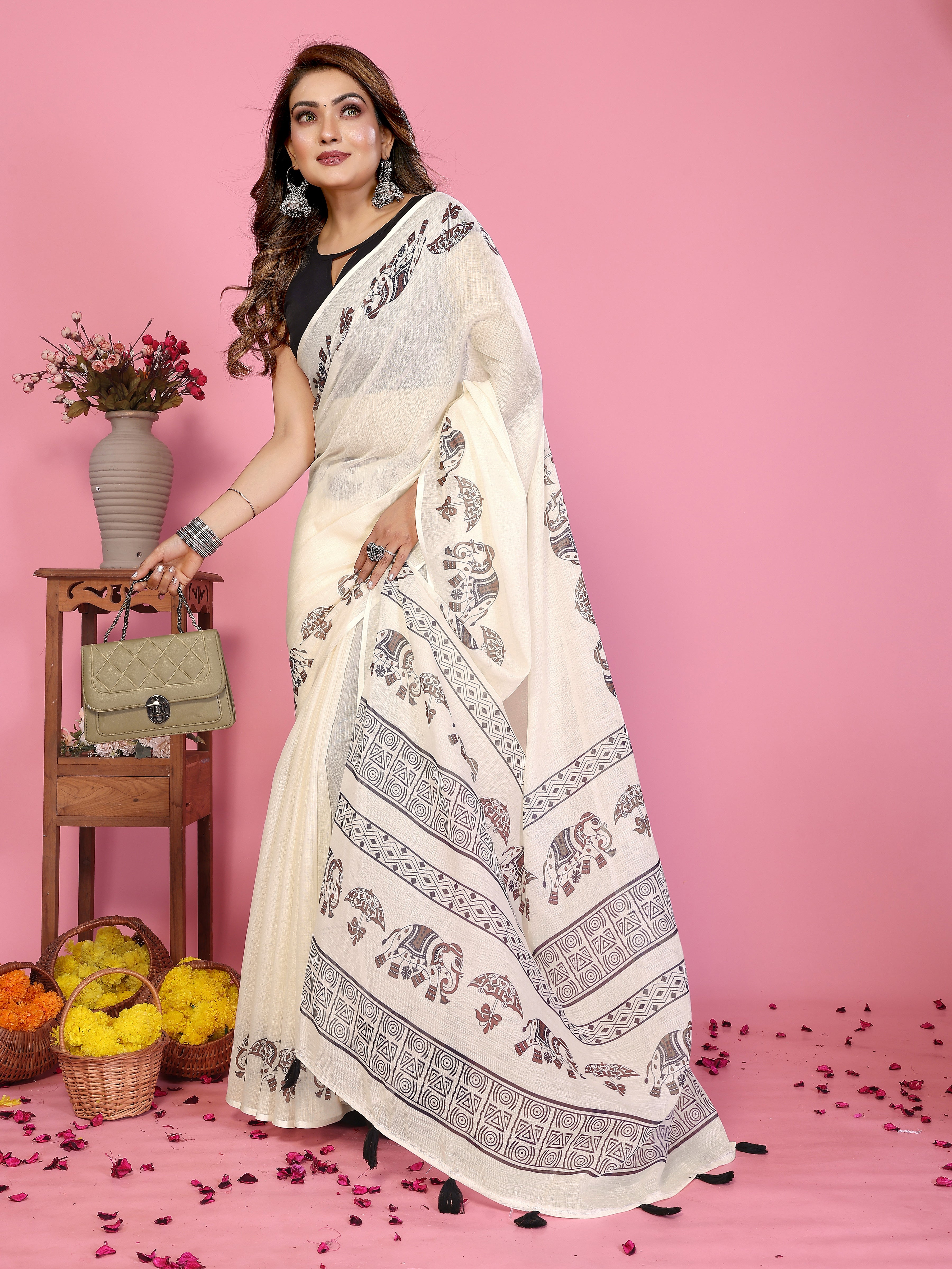 Women Soft Linen Cotton Tribal Elephant Border Print Saree