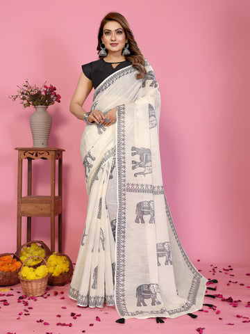 Women Soft Linen Cotton Elephant Print Saree