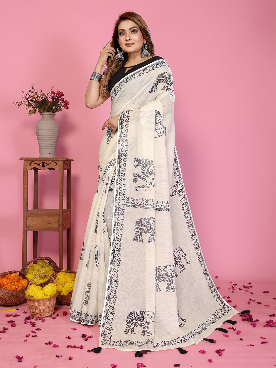 Women Soft Linen Cotton Elephant Print Saree