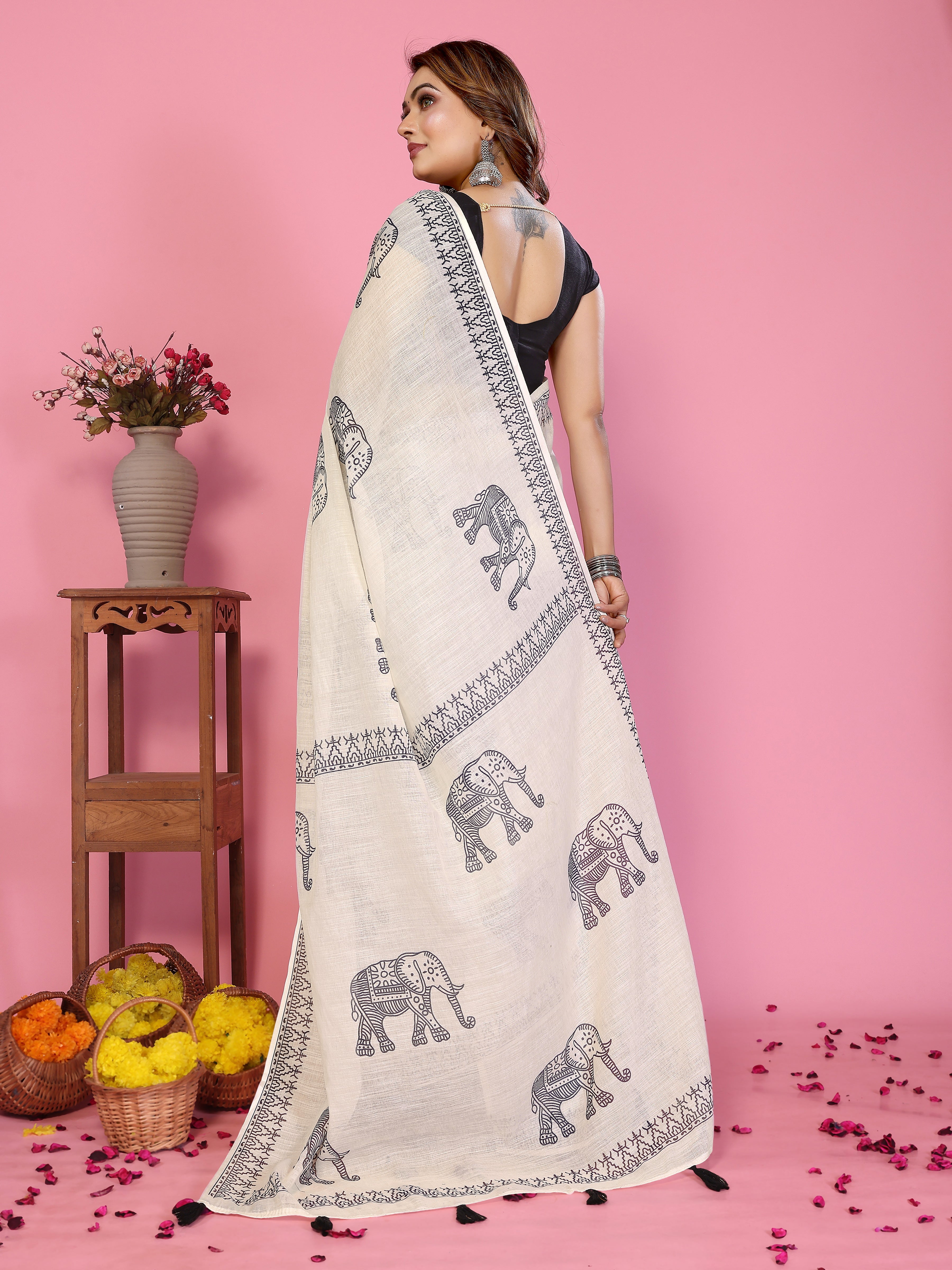 Women Soft Linen Cotton Elephant Print Saree