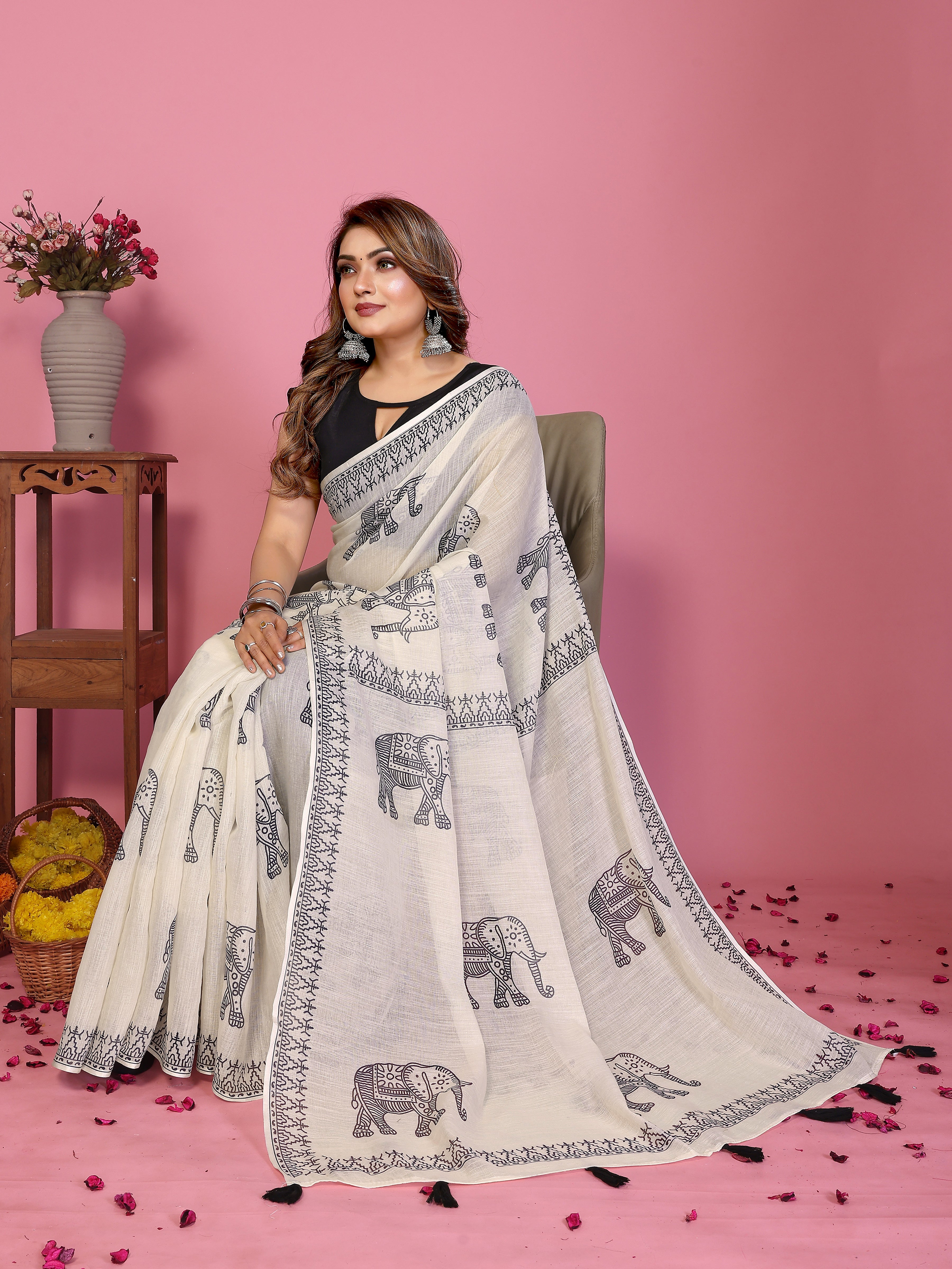 Women Soft Linen Cotton Elephant Print Saree