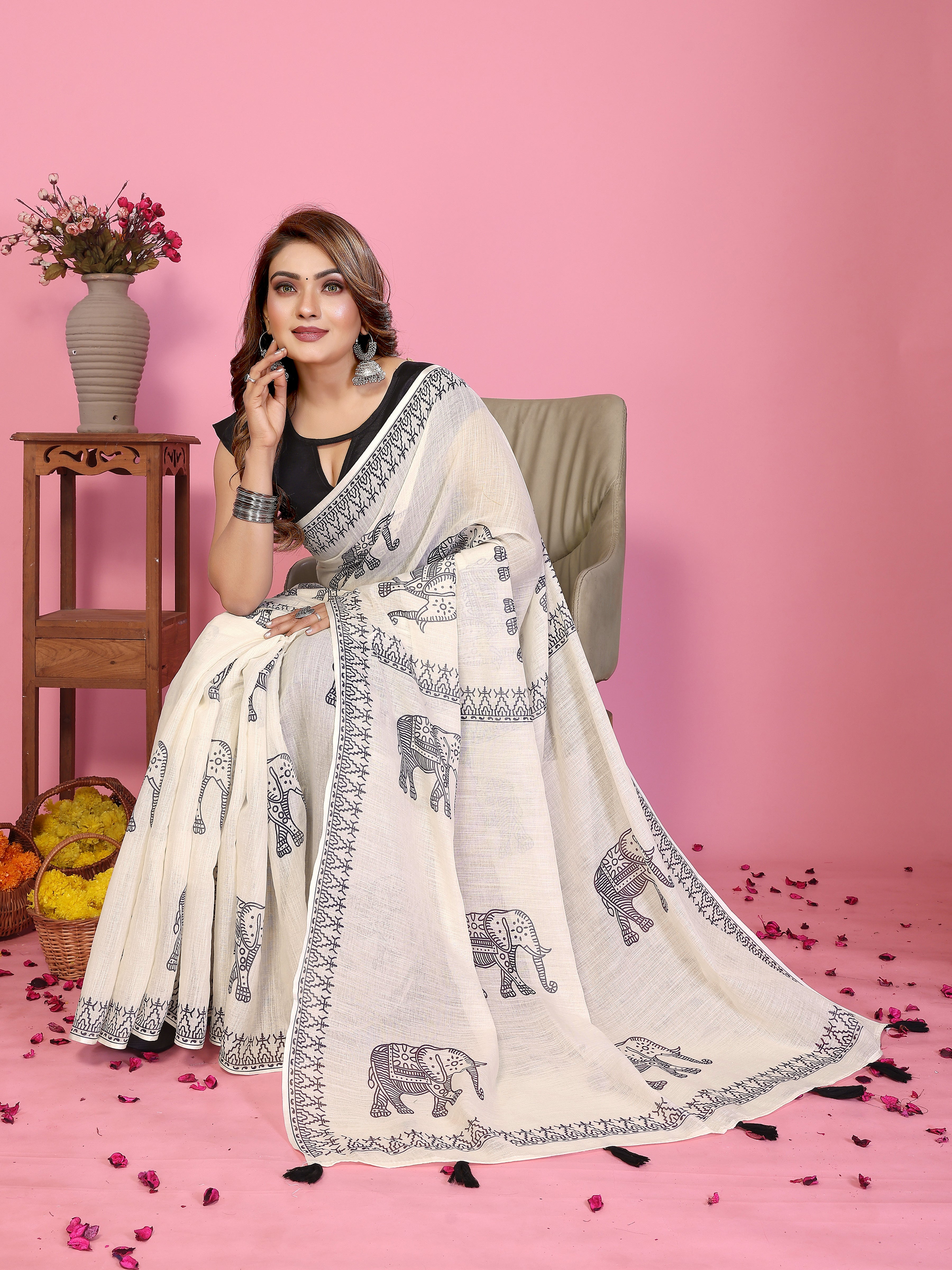 Women Soft Linen Cotton Elephant Print Saree