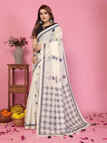 Women Soft Linen Cotton Floral Printed Saree with Geometric Pallu Design