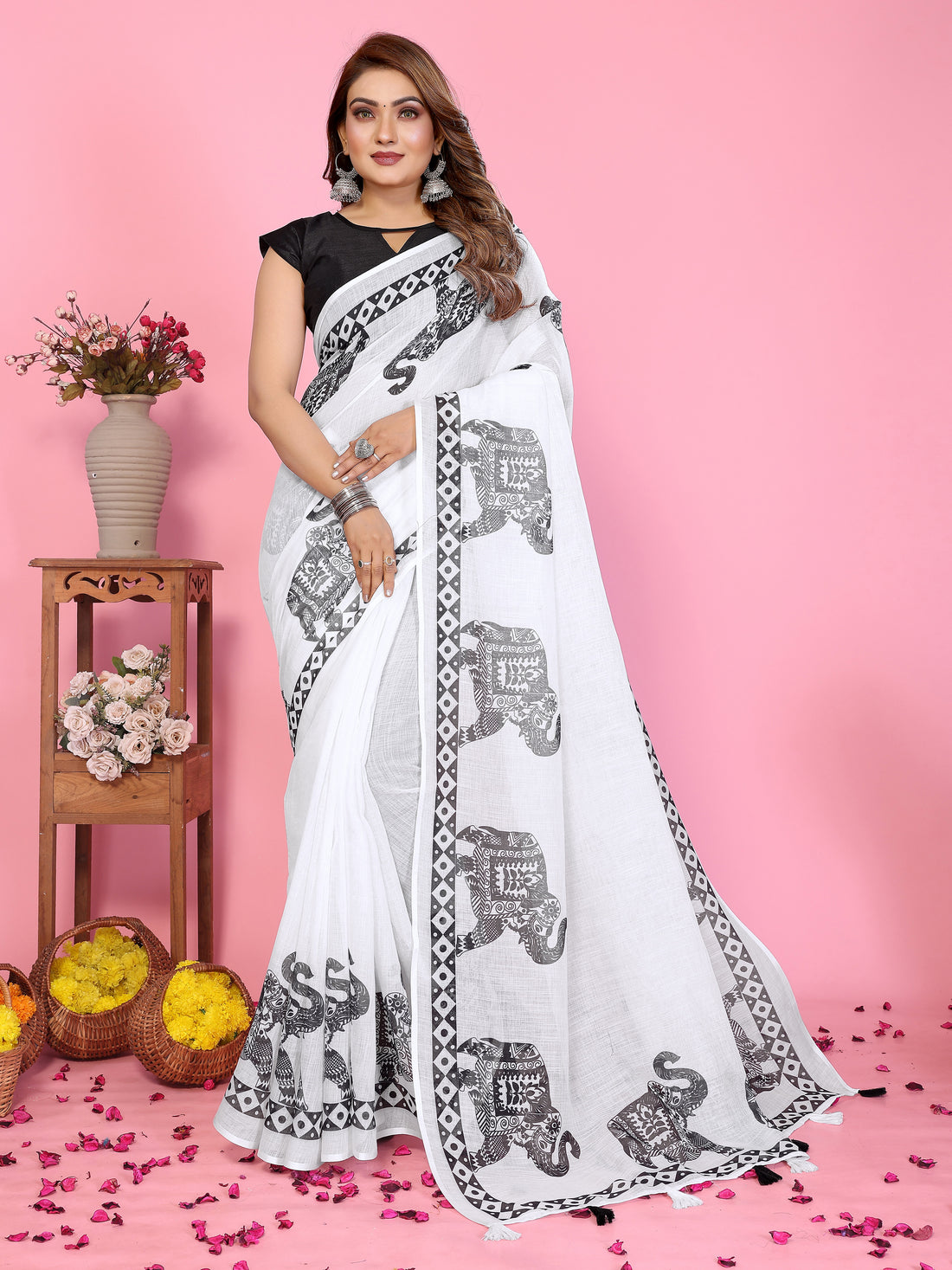 Women Soft Linen Cotton Elephant Printed Saree with Tribal Border Design