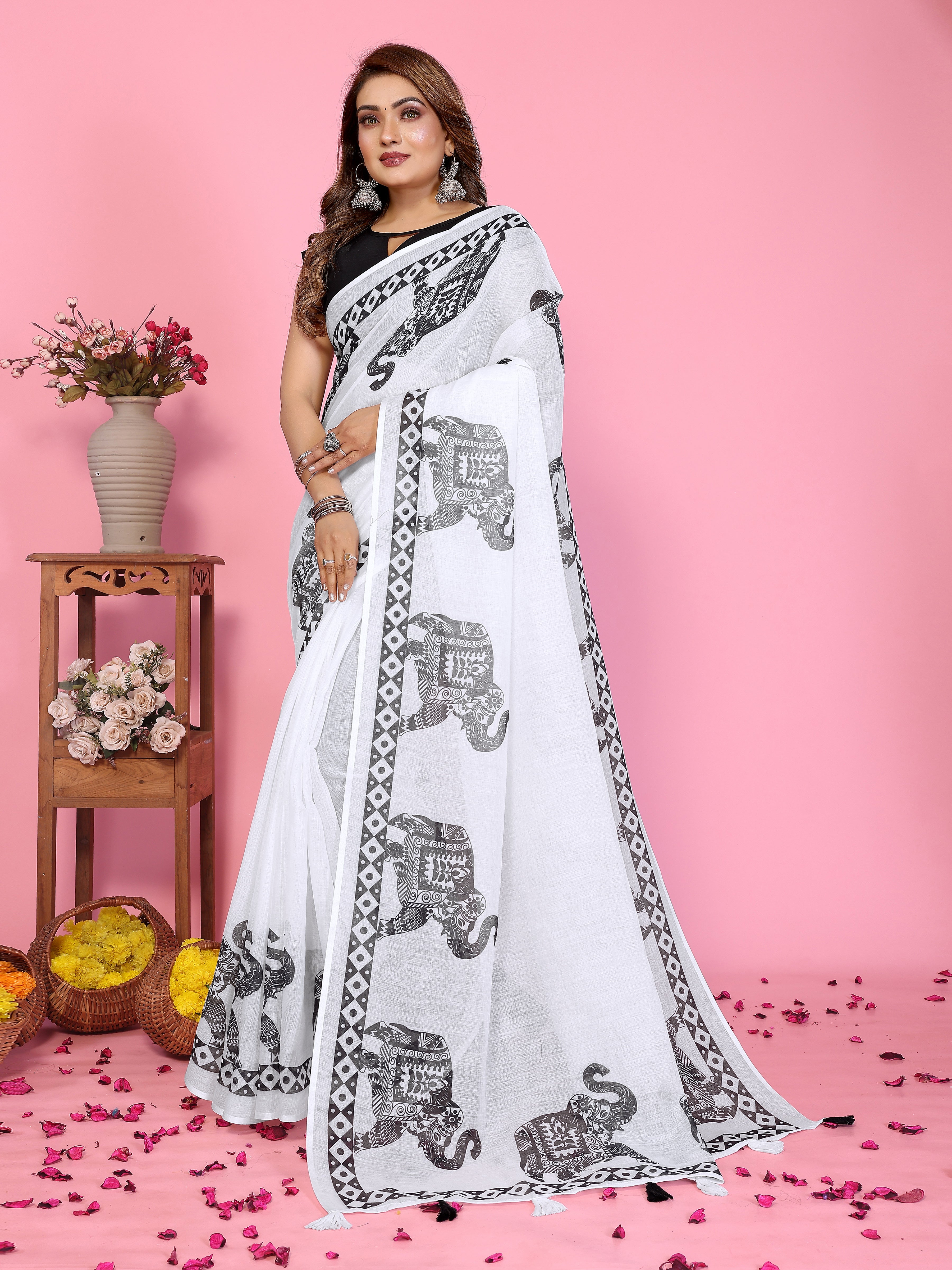 Women Soft Linen Cotton Elephant Printed Saree with Tribal Border Design