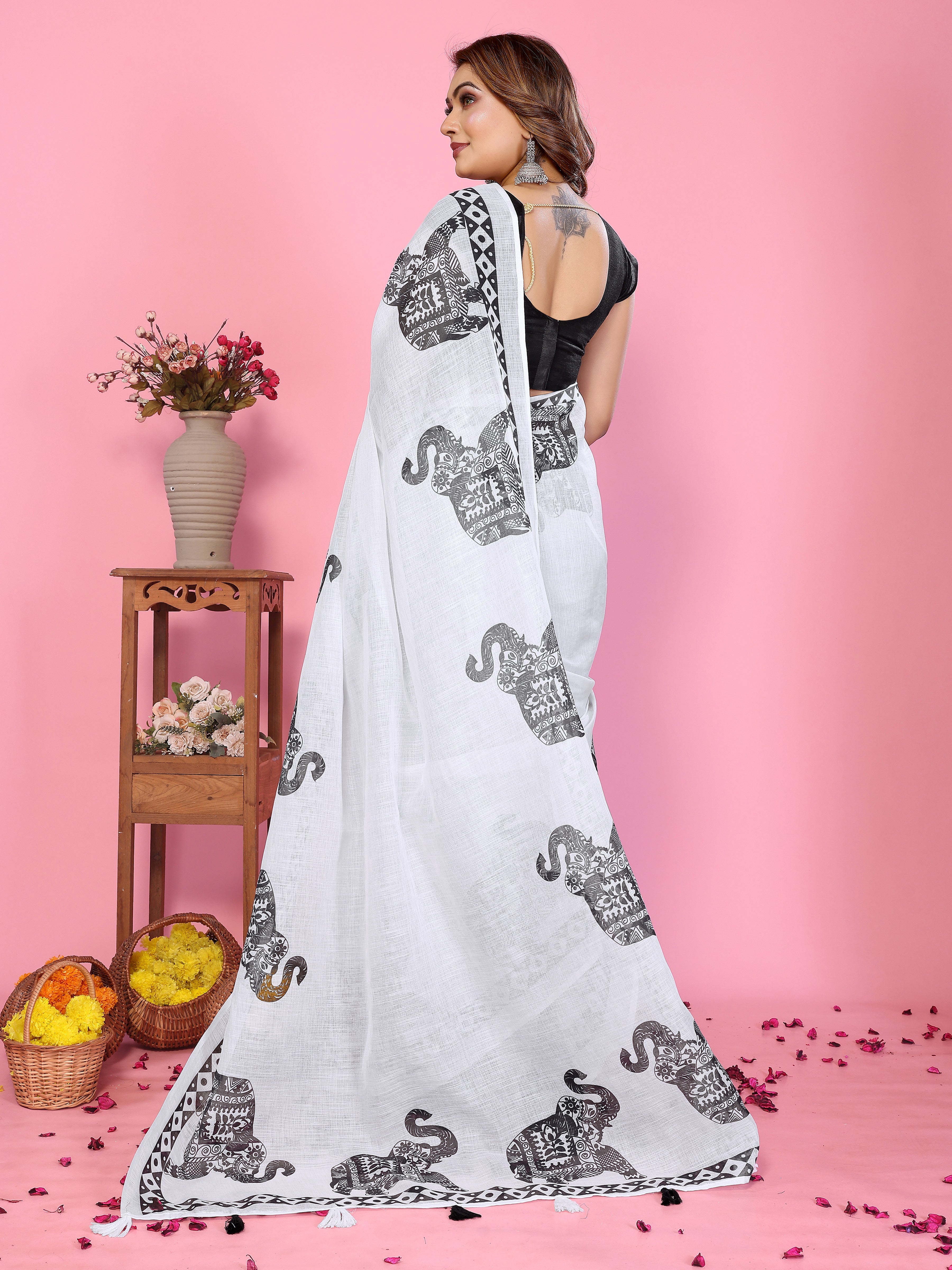 Women Soft Linen Cotton Elephant Printed Saree with Tribal Border Design