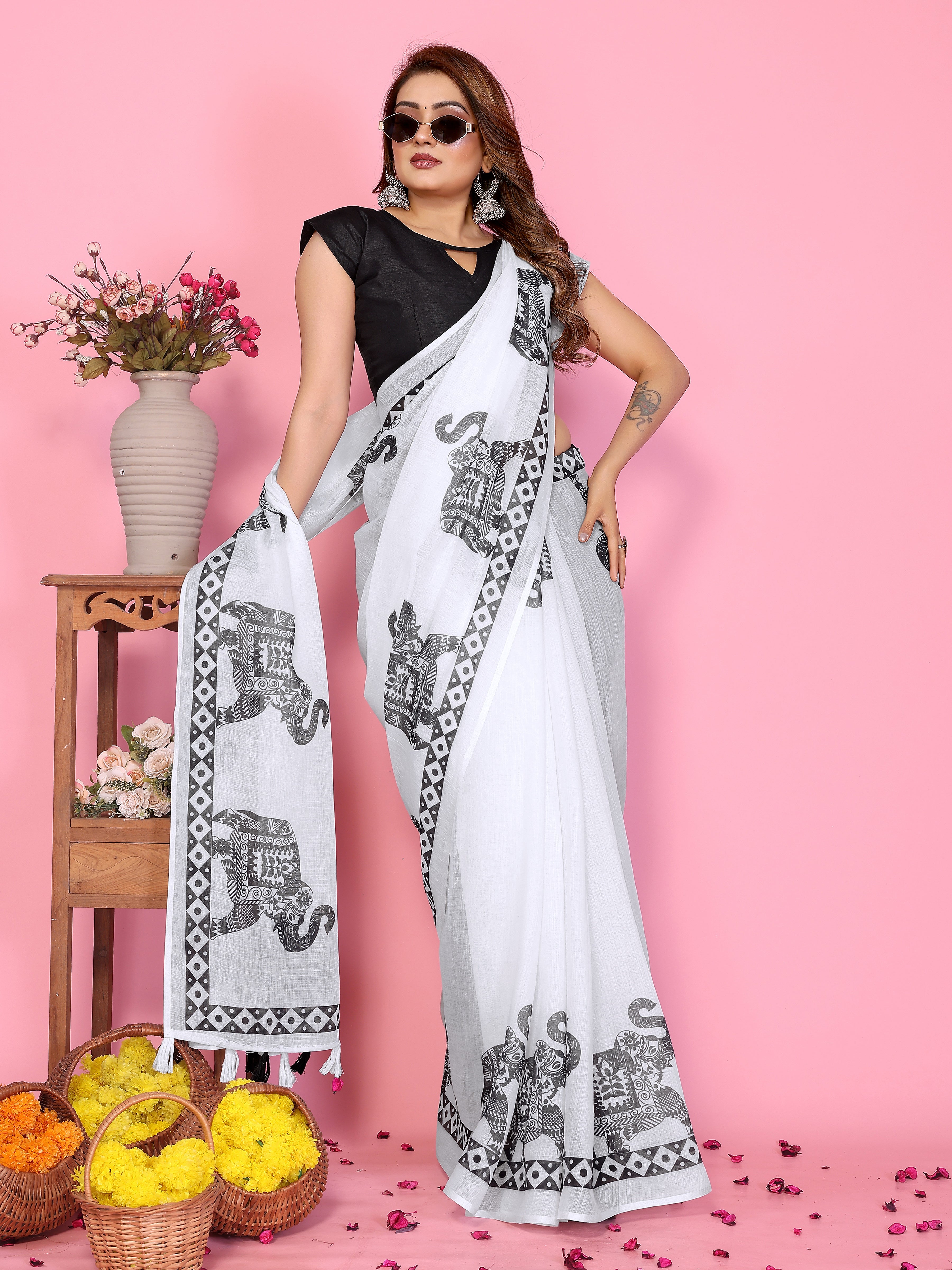 Women Soft Linen Cotton Elephant Printed Saree with Tribal Border Design