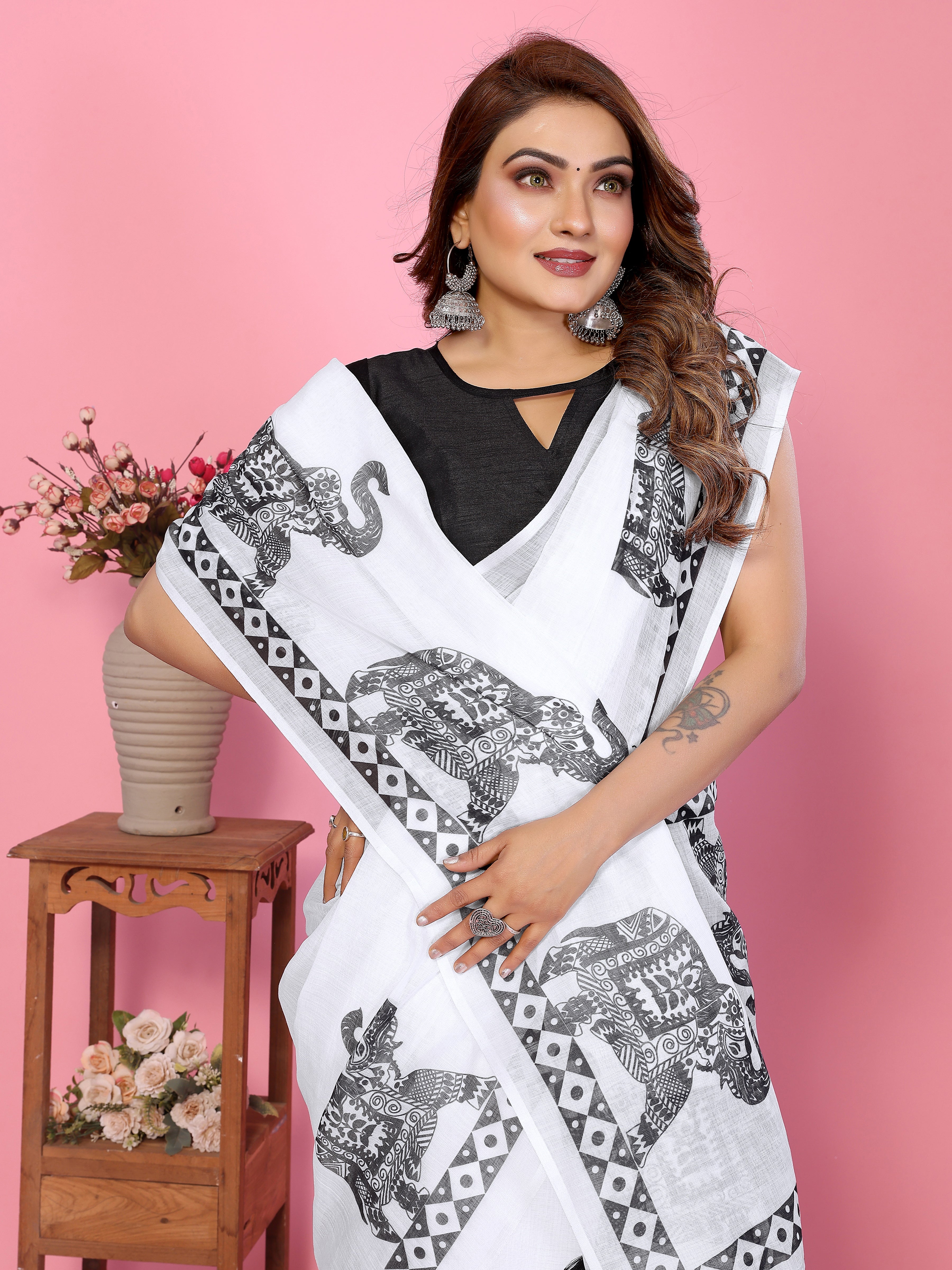 Women Soft Linen Cotton Elephant Printed Saree with Tribal Border Design