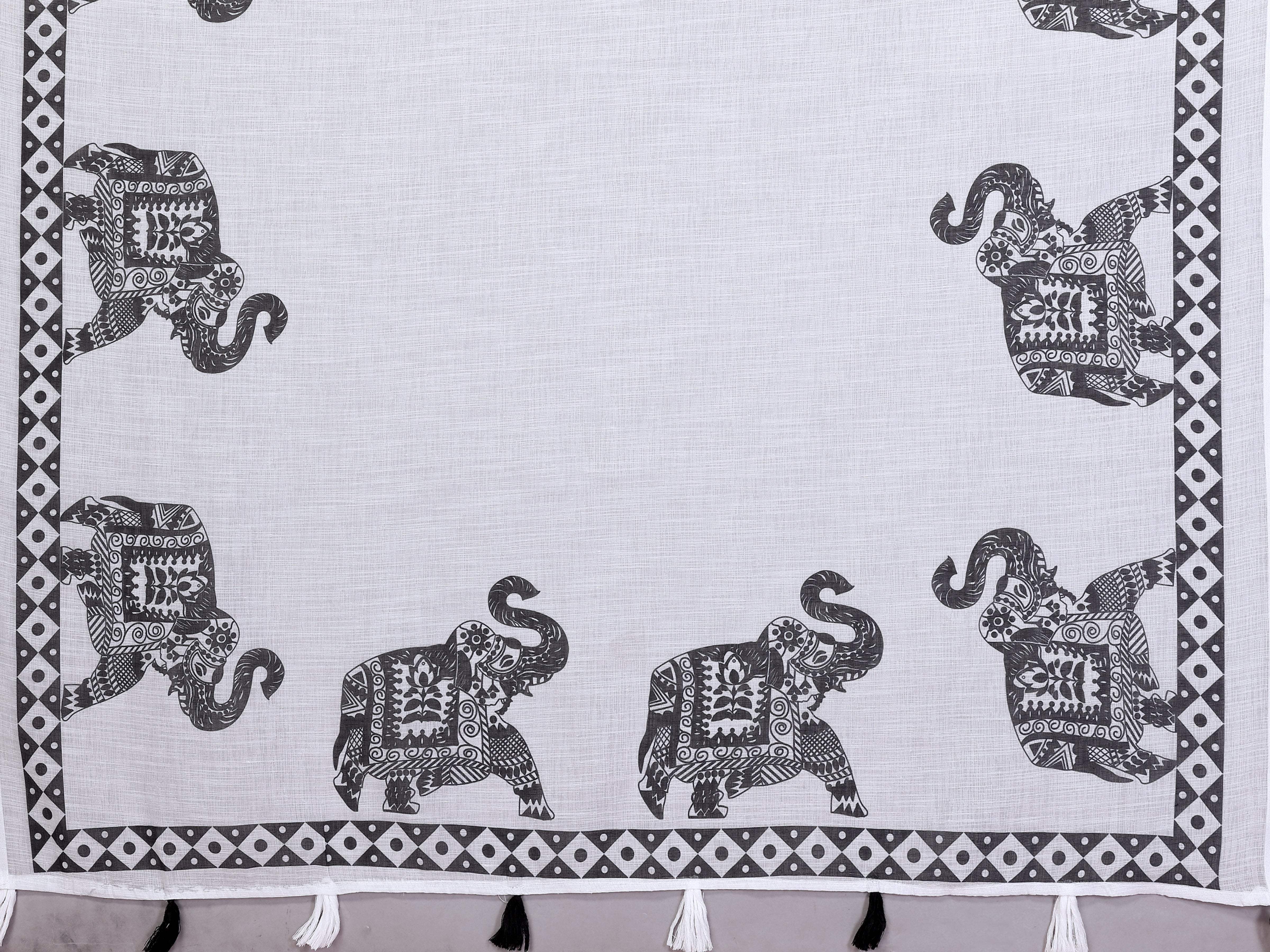 Women Soft Linen Cotton Elephant Printed Saree with Tribal Border Design
