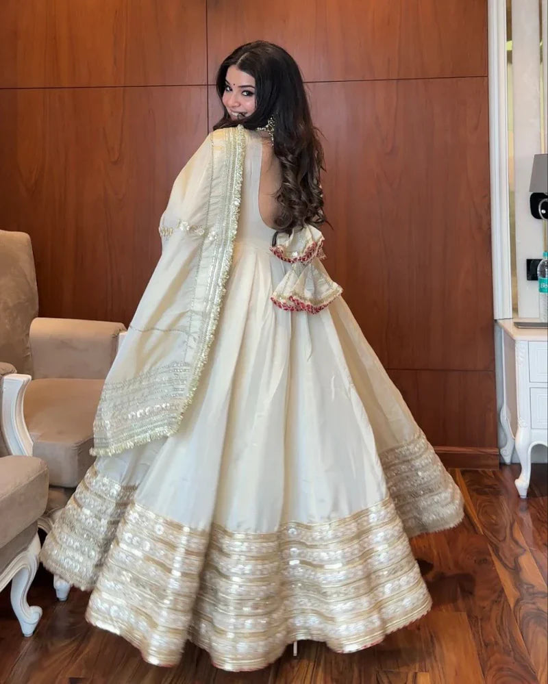 White Premium Chinnon Silk Full Flaired Anarkali Set