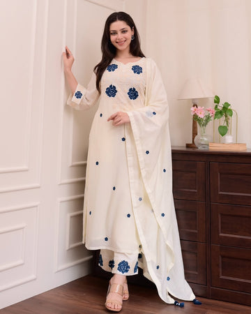 Women's Round Neck Floral Design Ivory Embroidered Kurta Set with Dupatta-Off White Embroidered Kurta, Trouser/Pant & Dupatta Set