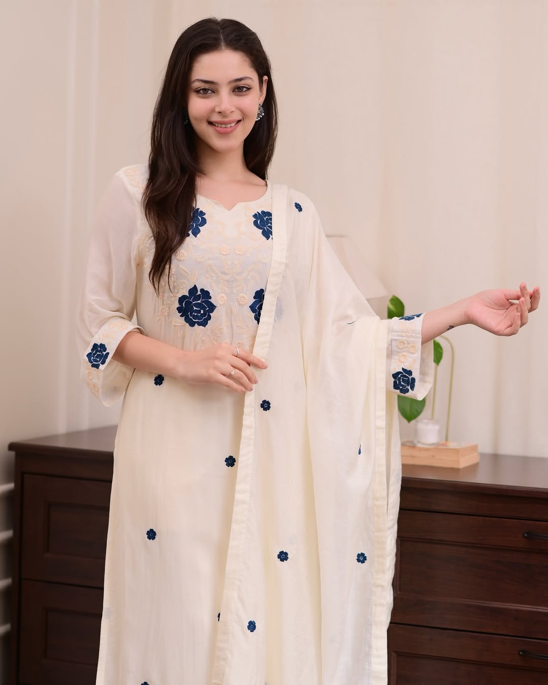 Women's Round Neck Floral Design Ivory Embroidered Kurta Set with Dupatta-Off White Embroidered Kurta, Trouser/Pant & Dupatta Set