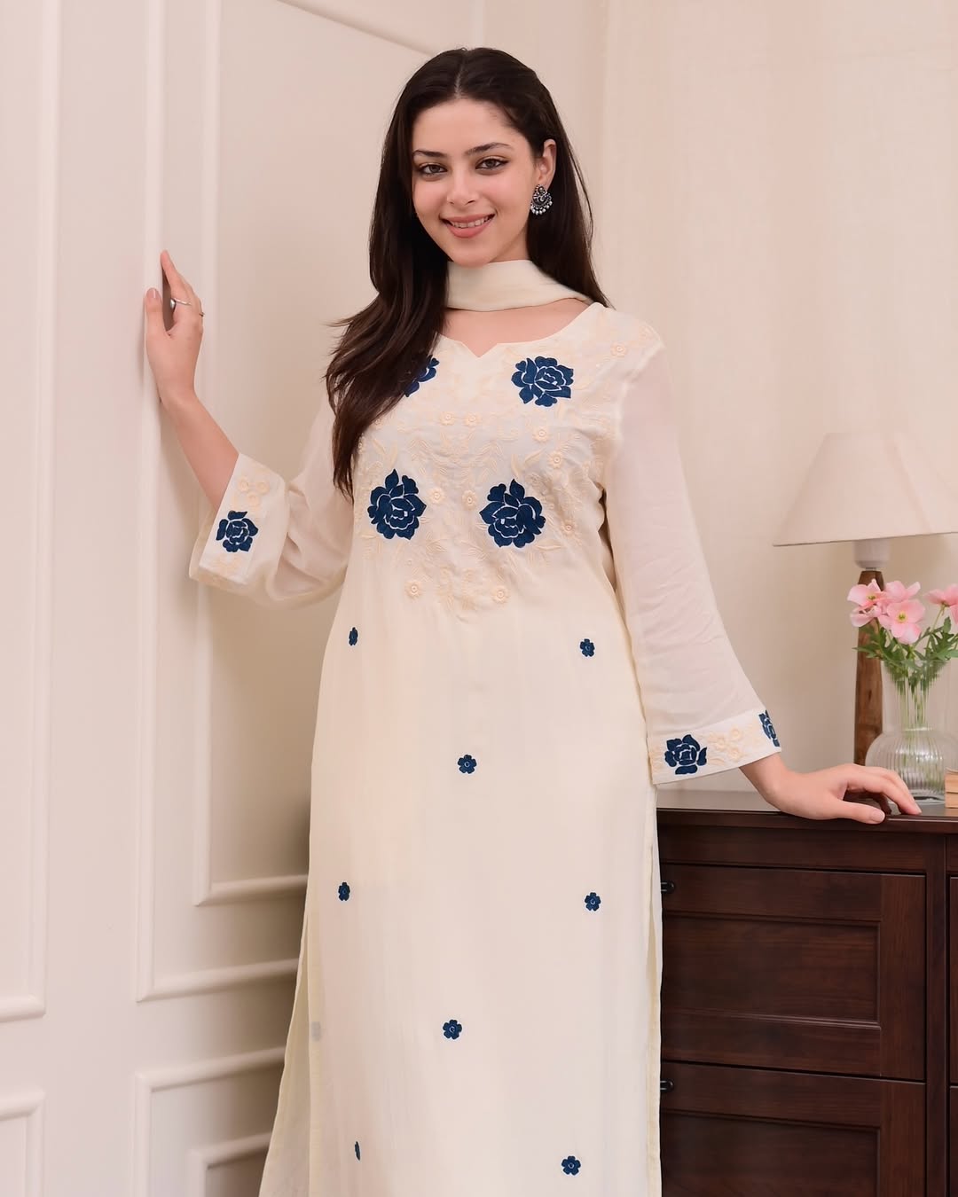 Women's Round Neck Floral Design Ivory Embroidered Kurta Set with Dupatta-Off White Embroidered Kurta, Trouser/Pant & Dupatta Set