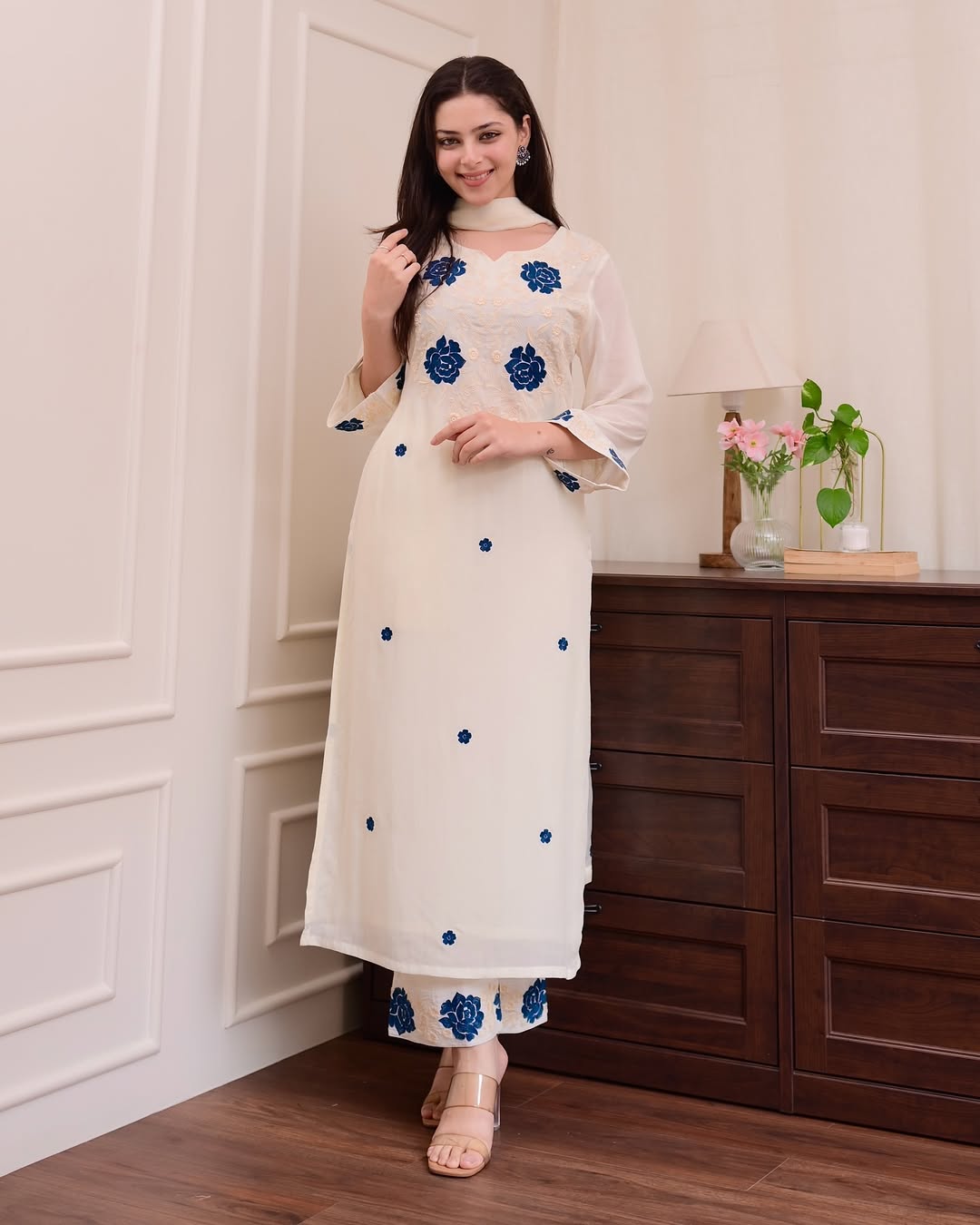 Women's Round Neck Floral Design Ivory Embroidered Kurta Set with Dupatta-Off White Embroidered Kurta, Trouser/Pant & Dupatta Set