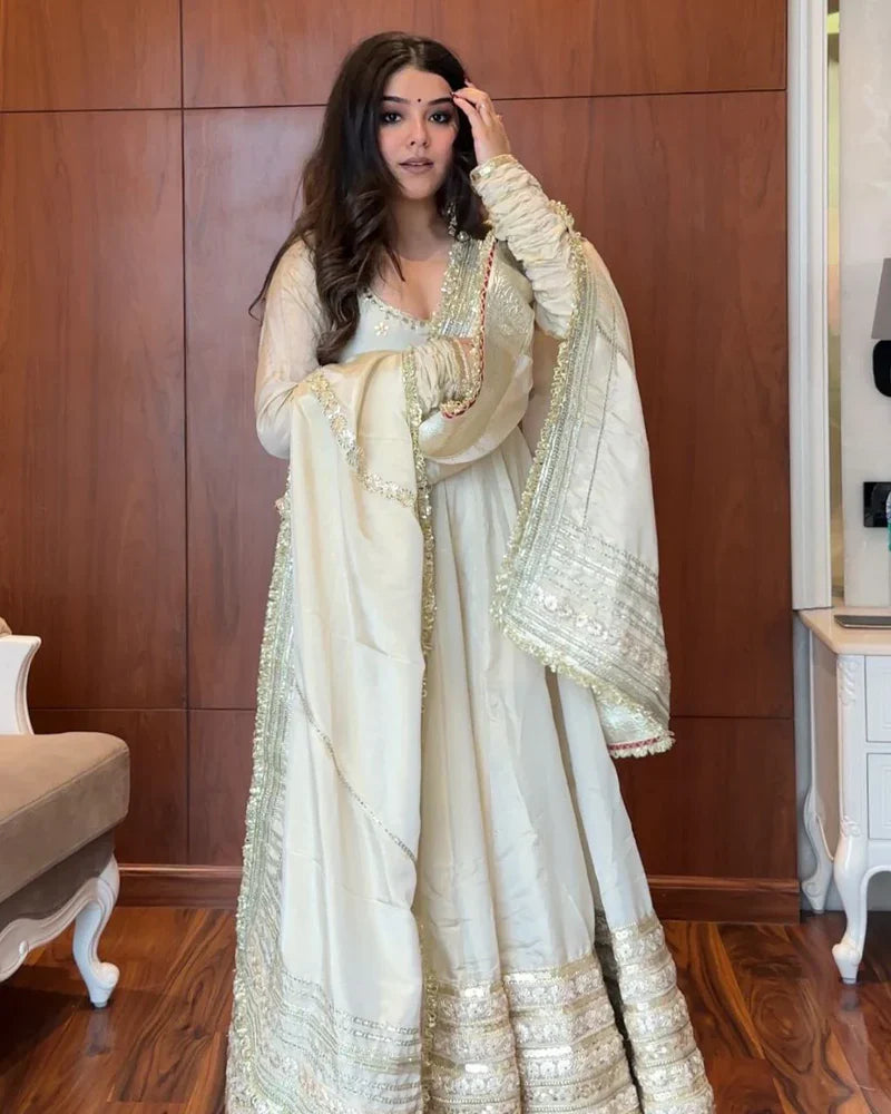 White Premium Chinnon Silk Full Flaired Anarkali Set