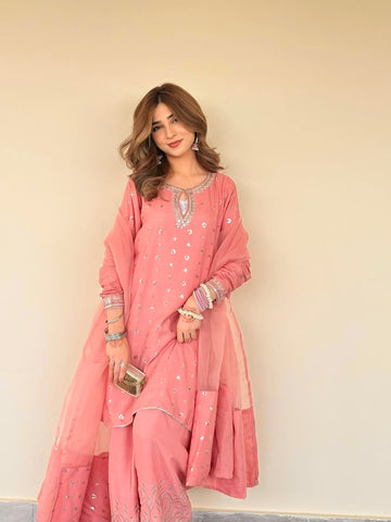Royal Chinon Silk Farshi Salwar Suit Set with Embroidery & Zari Work