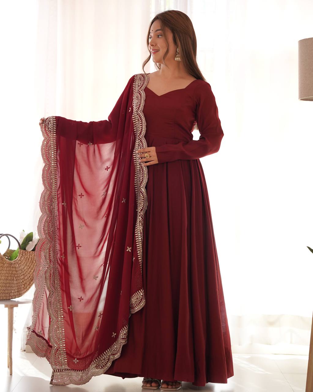 Premium Roman Silk Chanderi 16 Kali Anarkali Gown Set