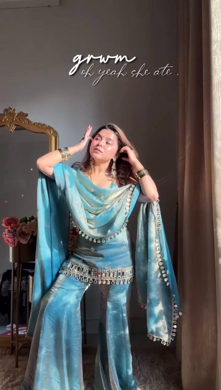 Elegant Fendy Silk Sharara Set with Real Mirror Work for Women