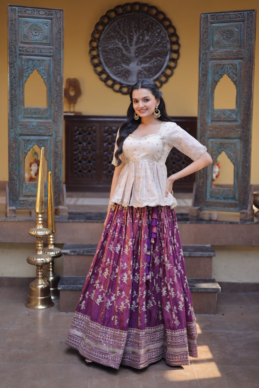 Women Designer Purple Floral Lehenga with Elegant Peplum Top