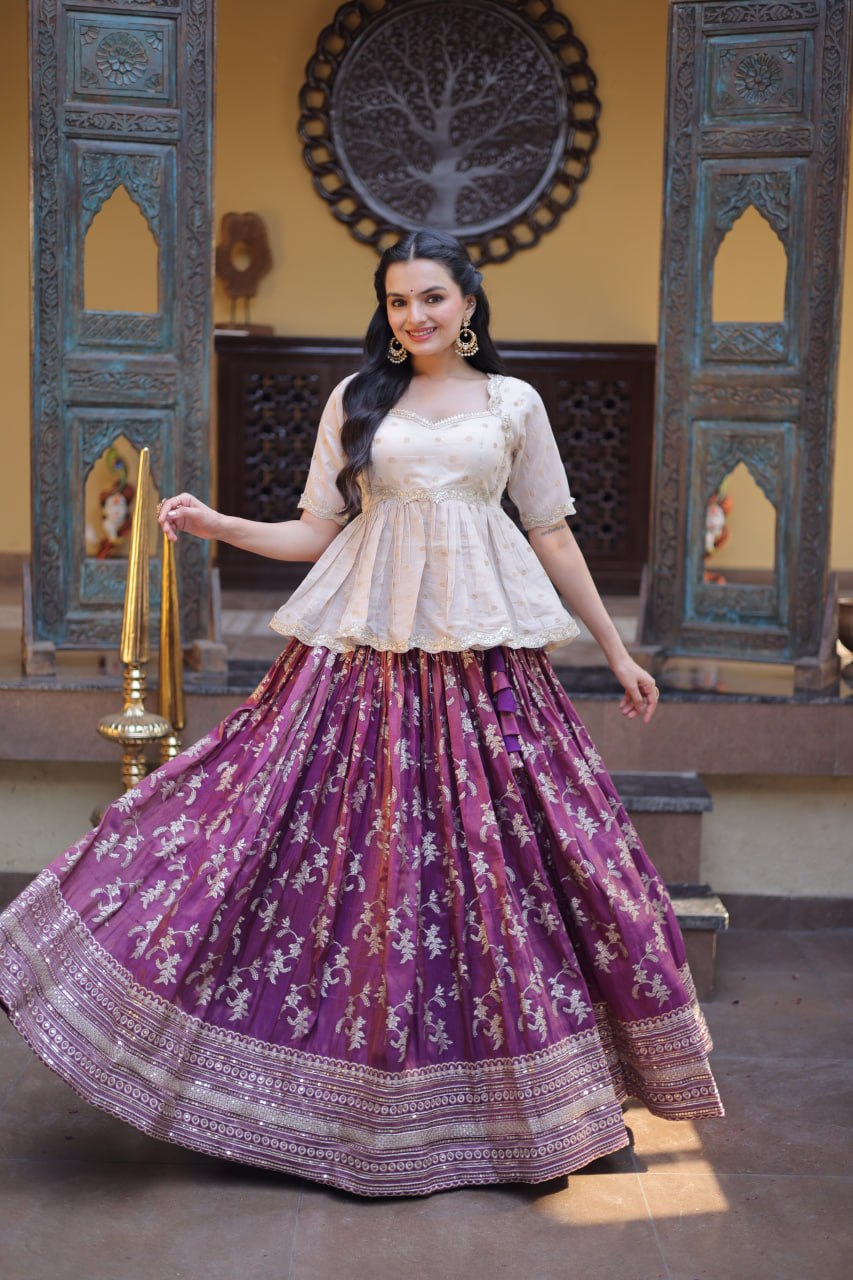 Women Designer Purple Floral Lehenga with Elegant Peplum Top