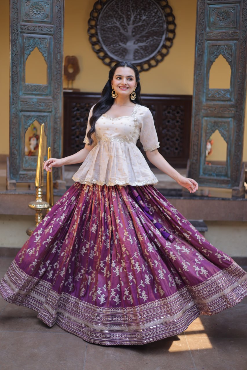 Women Designer Purple Floral Lehenga with Elegant Peplum Top