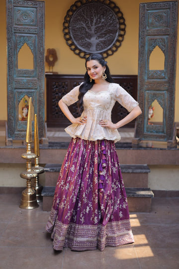 Women Designer Purple Floral Lehenga with Elegant Peplum Top