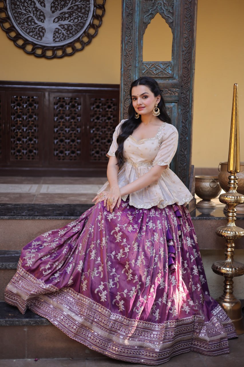 Women Designer Purple Floral Lehenga with Elegant Peplum Top