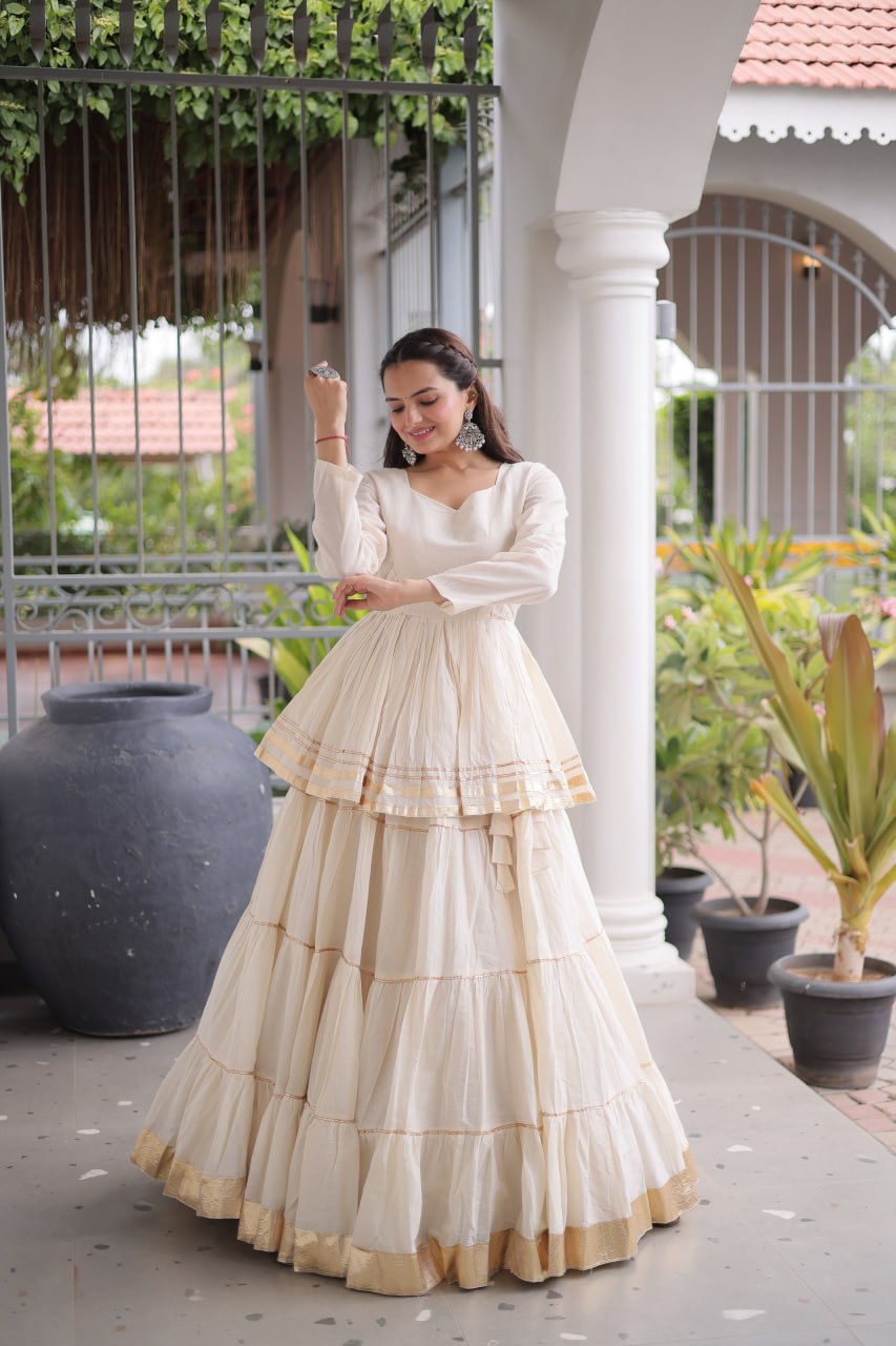 Women Designer Ivory Flared Lehenga Set with Elegant Peplum Top