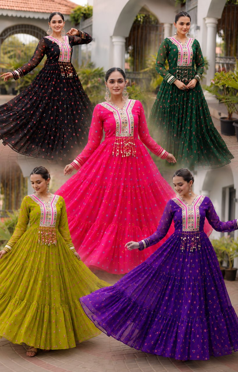 Women Designer Anarkali Gown with Mirror Work & Tassel Detailing