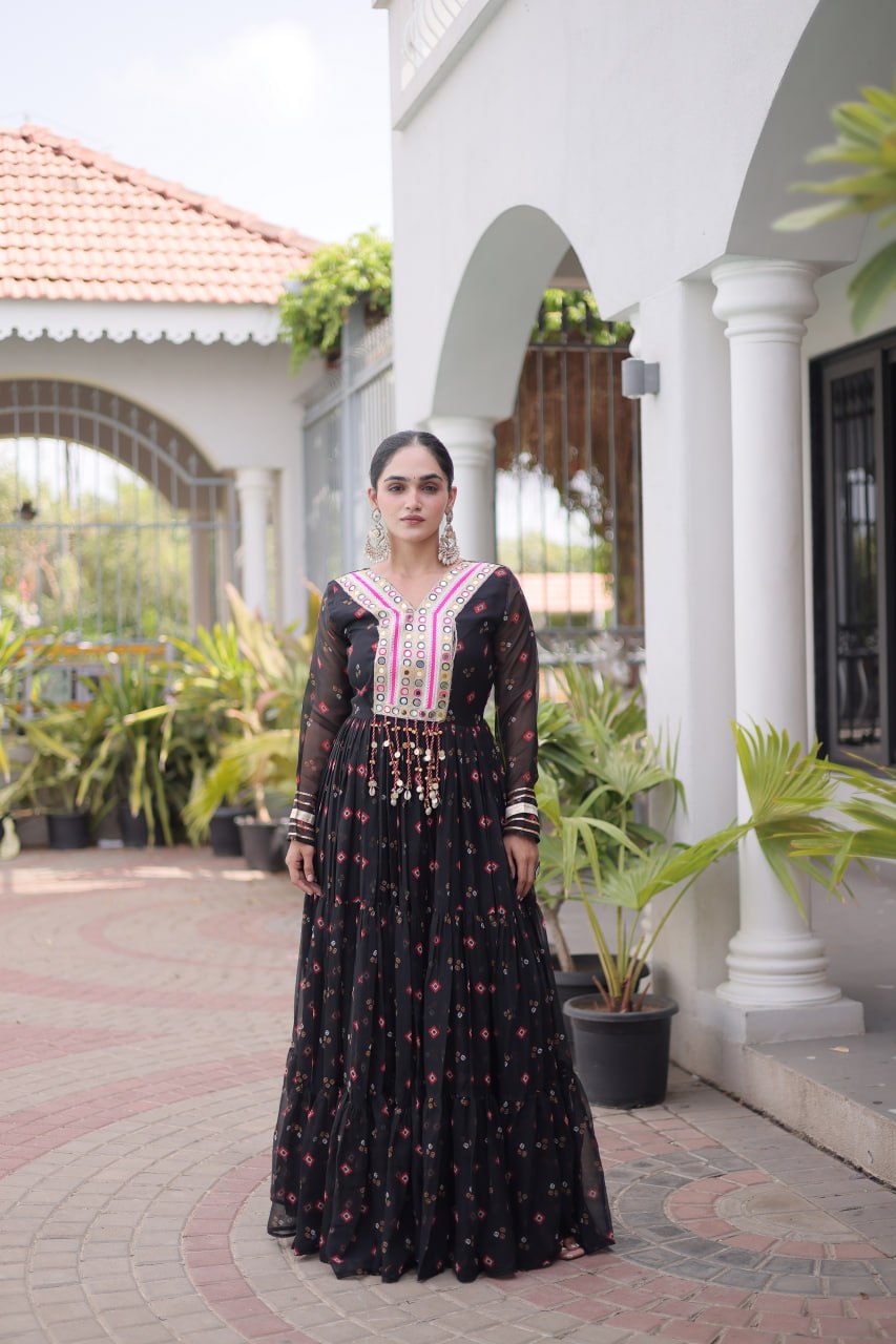 Women Designer Anarkali Gown with Mirror Work & Tassel Detailing