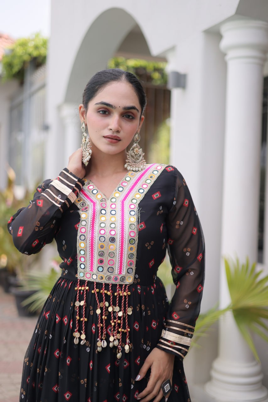 Women Designer Anarkali Gown with Mirror Work & Tassel Detailing