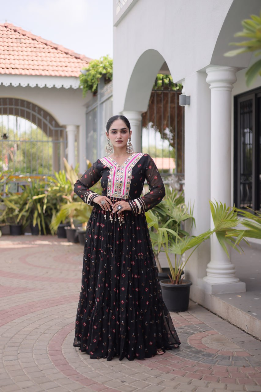 Women Designer Anarkali Gown with Mirror Work & Tassel Detailing