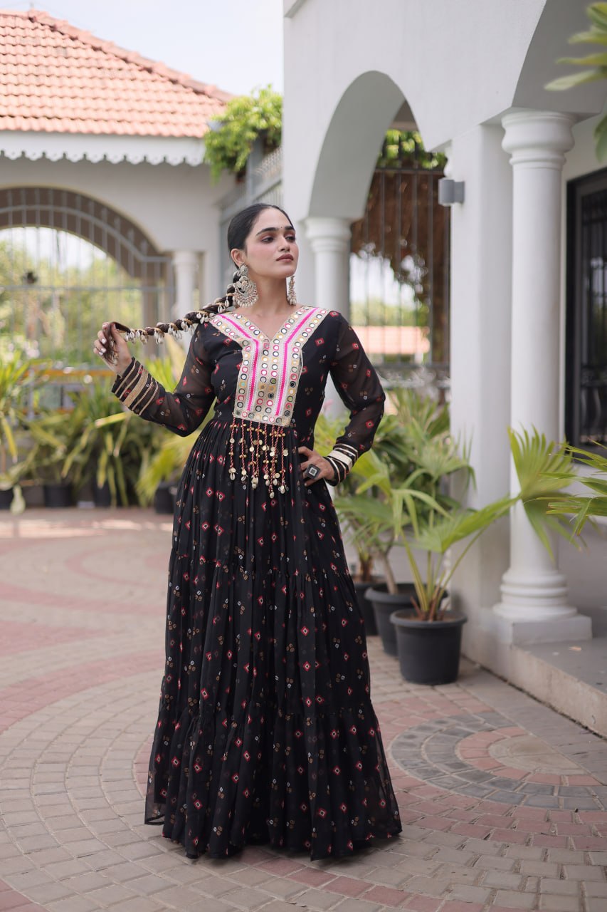 Women Designer Anarkali Gown with Mirror Work & Tassel Detailing