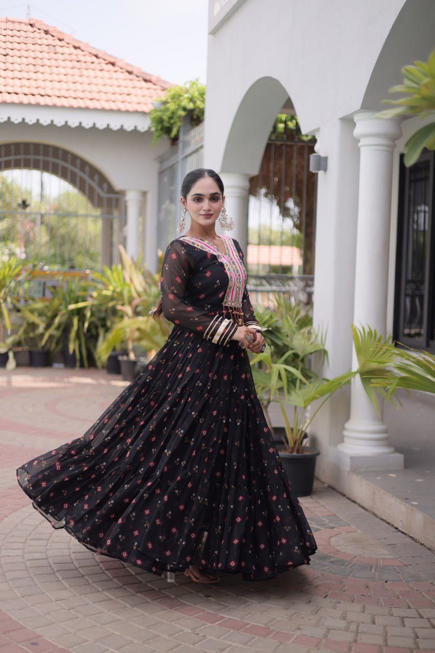 Women Designer Anarkali Gown with Mirror Work & Tassel Detailing